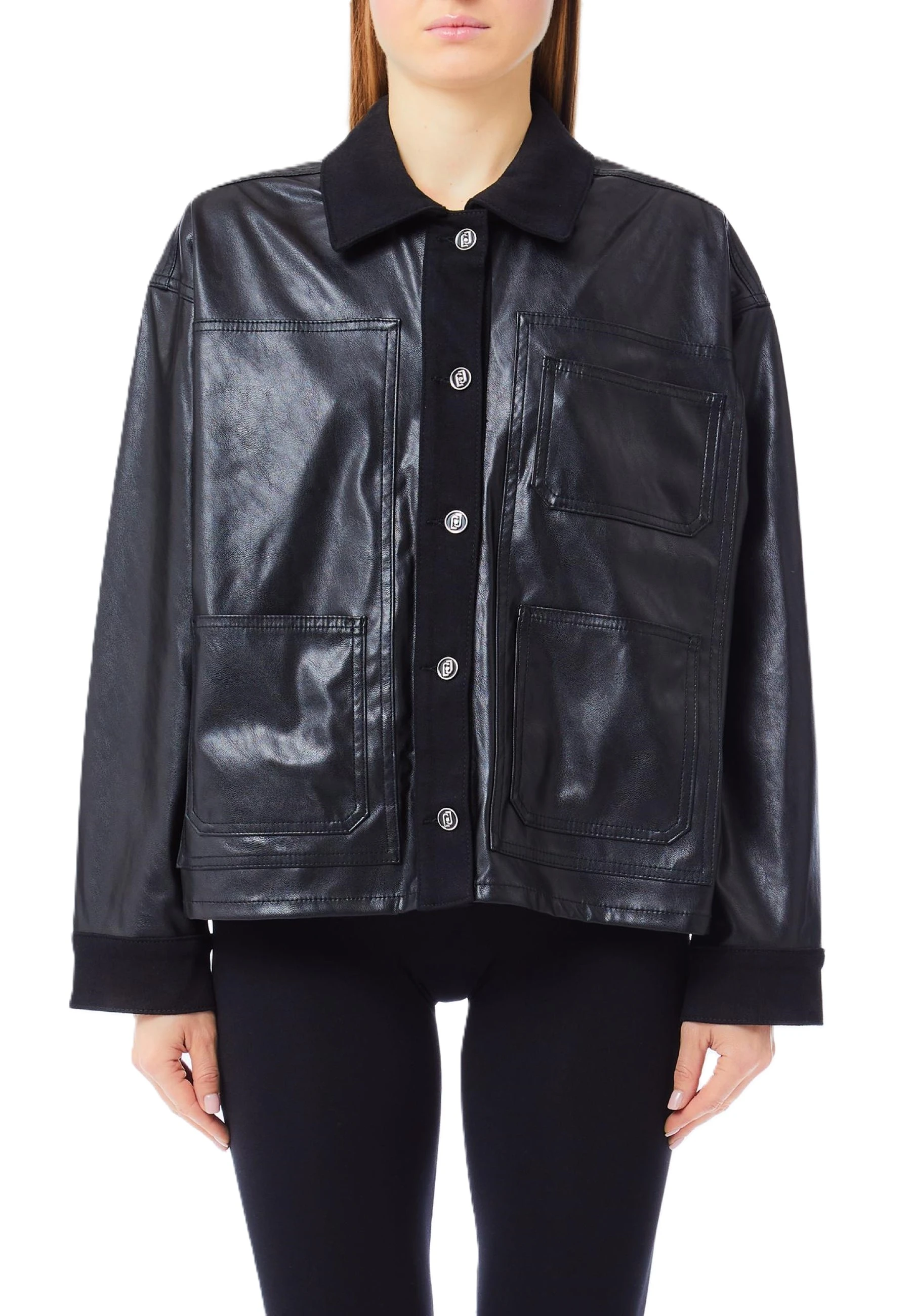 GIACCA IN ECOPELLE CON DETTAGLI IN TESSUTO DONNA NERO