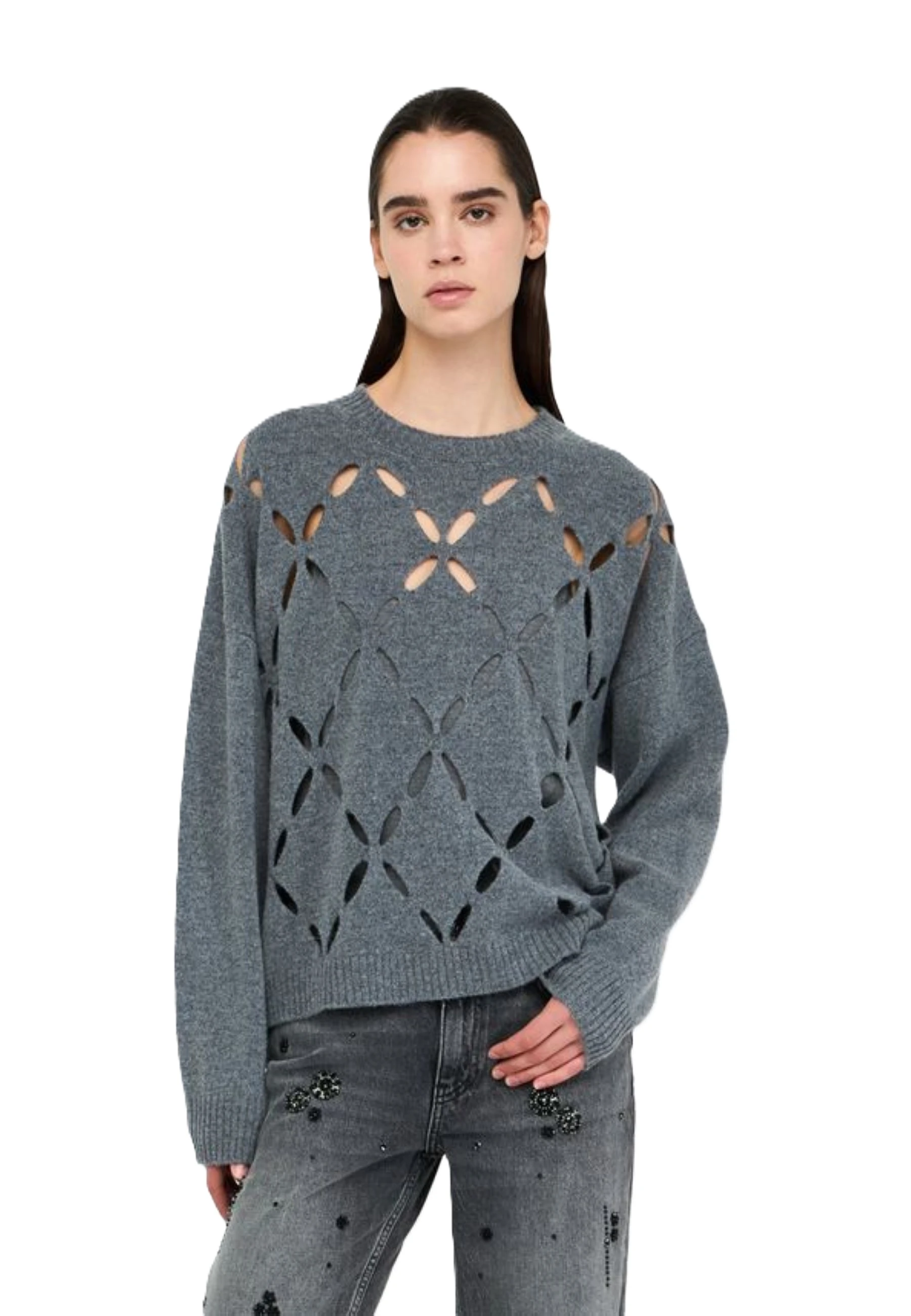 MAGLIA GIROCOLLO  IN LANA CON TAGLI GEOMETRICI DONNA GRIGIO