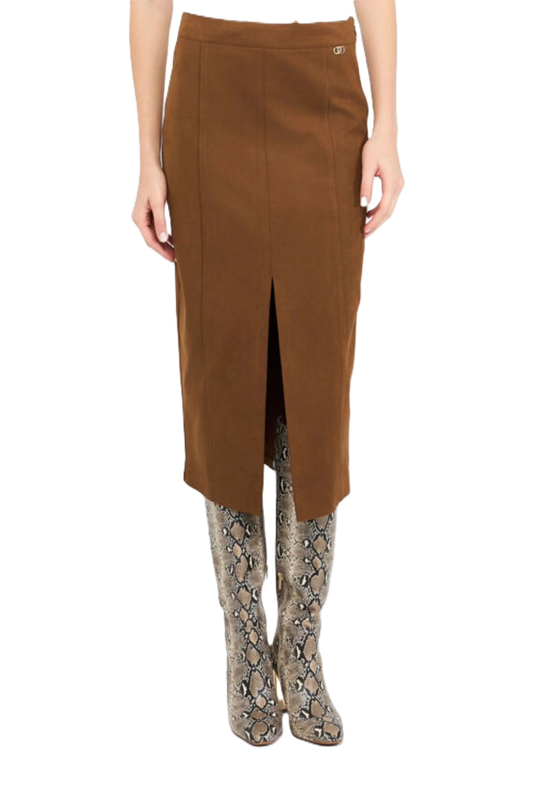 GONNA LUNGA CON SPACCO E LOGO IN METALLO DONNA MARRONE
