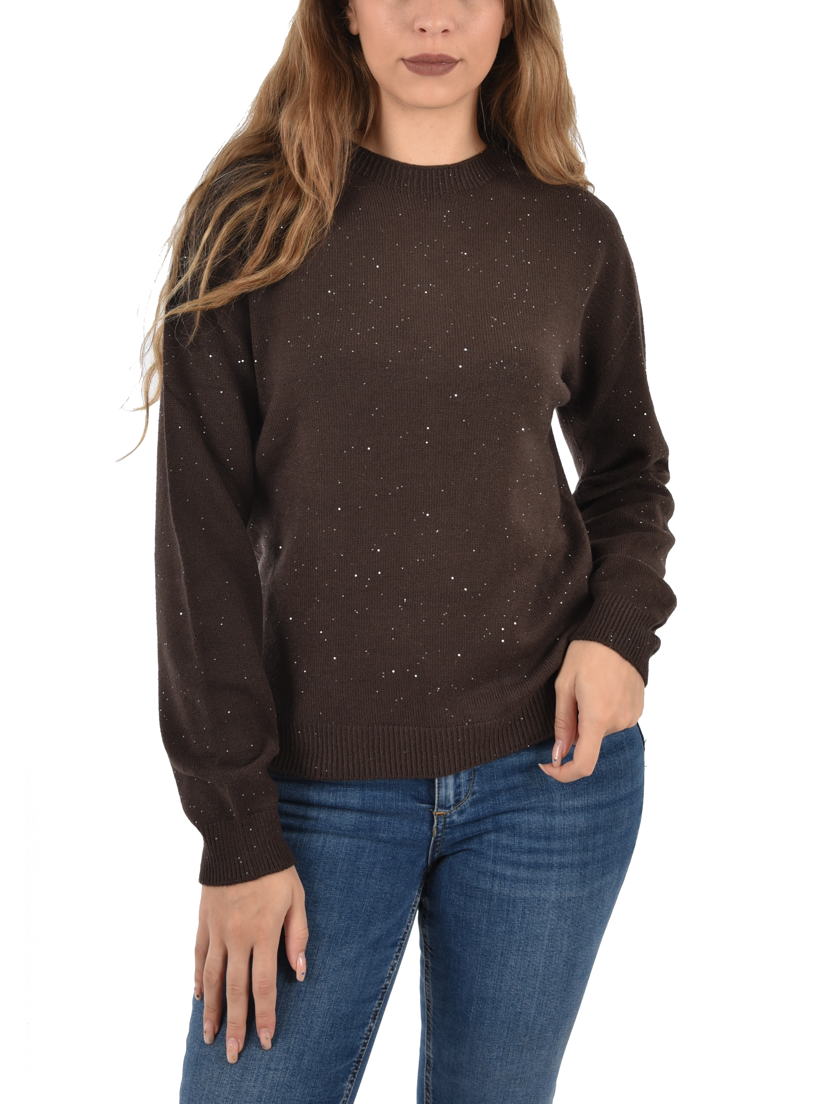 MAGLIA GIROCOLLO CON MICRO PAILLETTES IN VISCOSA  DONNA MARRONE