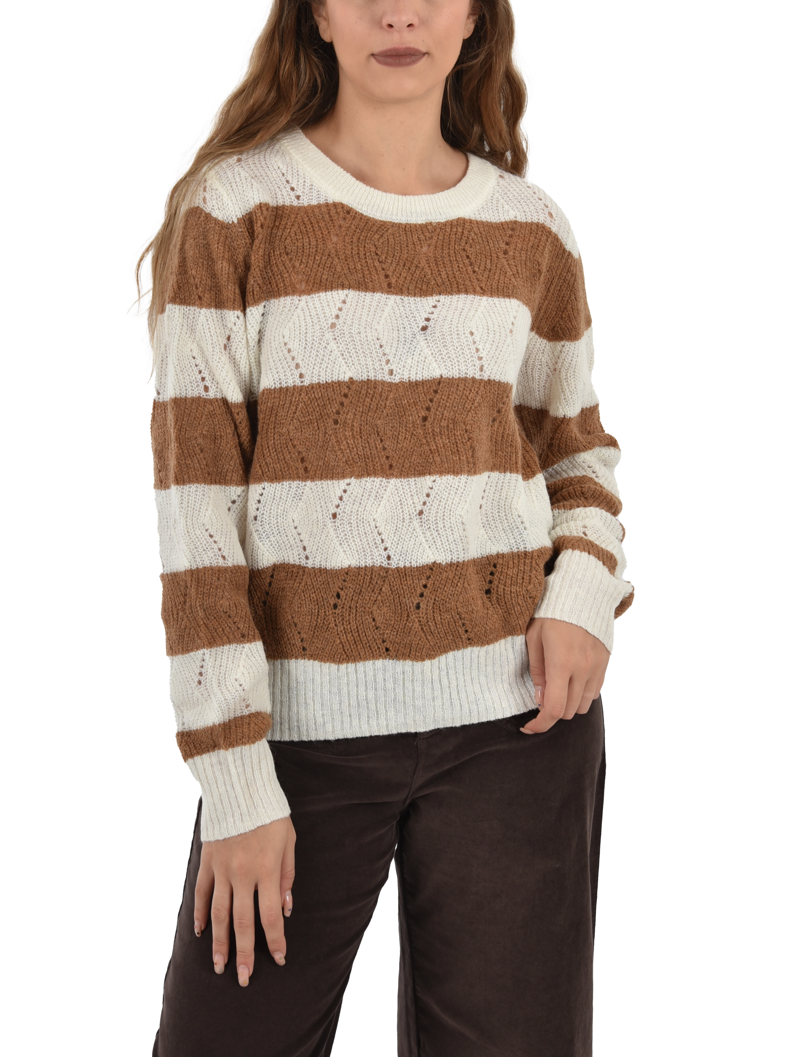 MAGLIA GIROCOLLO FANTASIA A RIGHE DONNA BIANCO