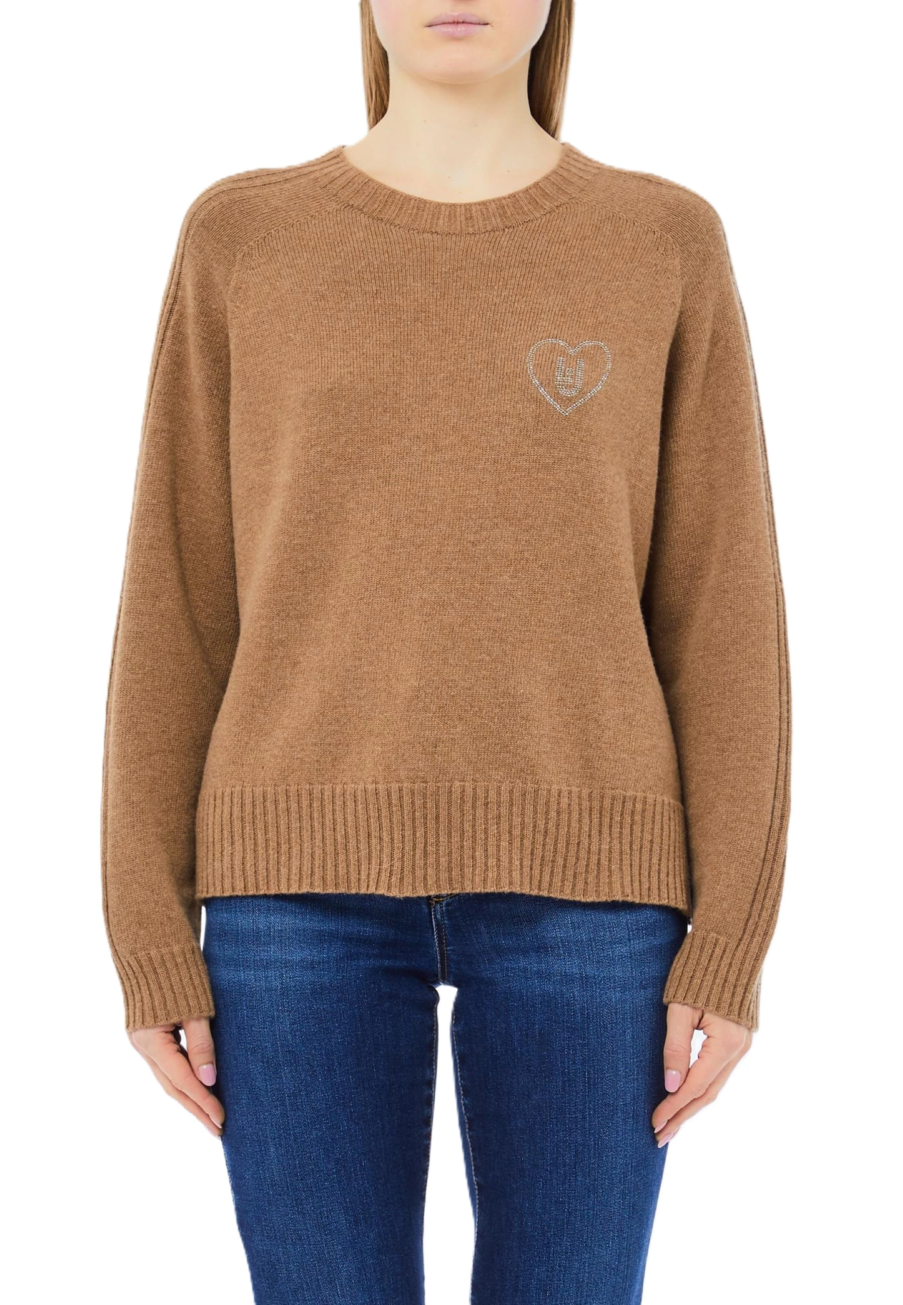MAGLIA GIROCOLLO A COSTINE CON APPLICAZIONI GIOIELLO DONNA BEIGE