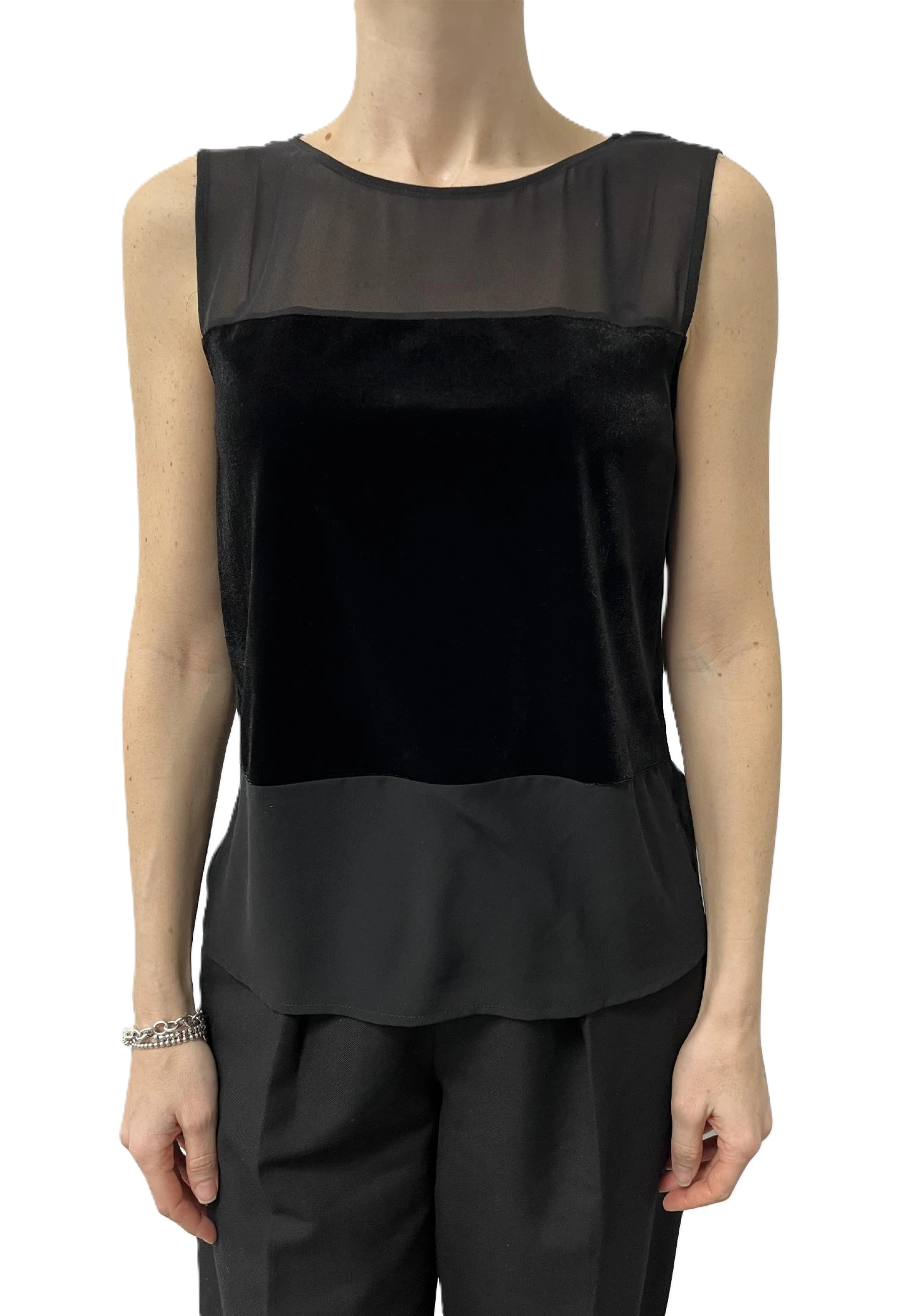 TOP SMANICATO CON TRASPARENZA ED INSERTO IN VELLUTO DONNA NERO