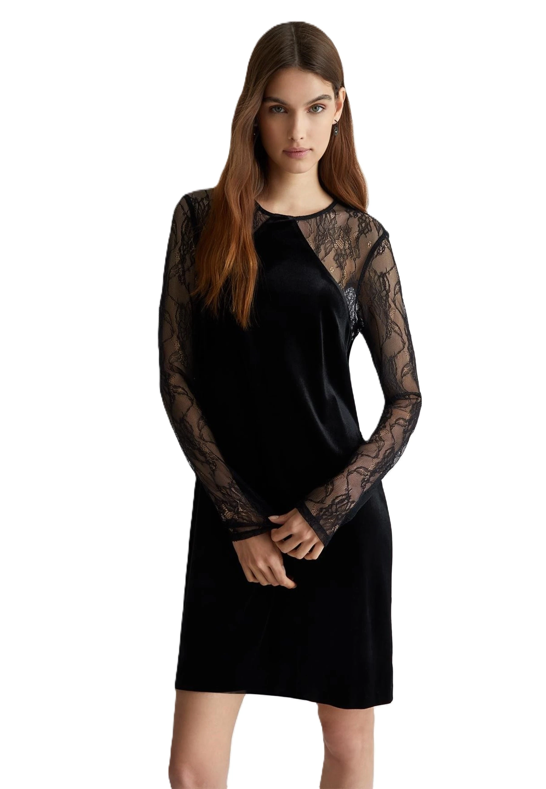 VESTITO CORTO CON MANICHE LUNGHE IN PIZZO DONNA NERO