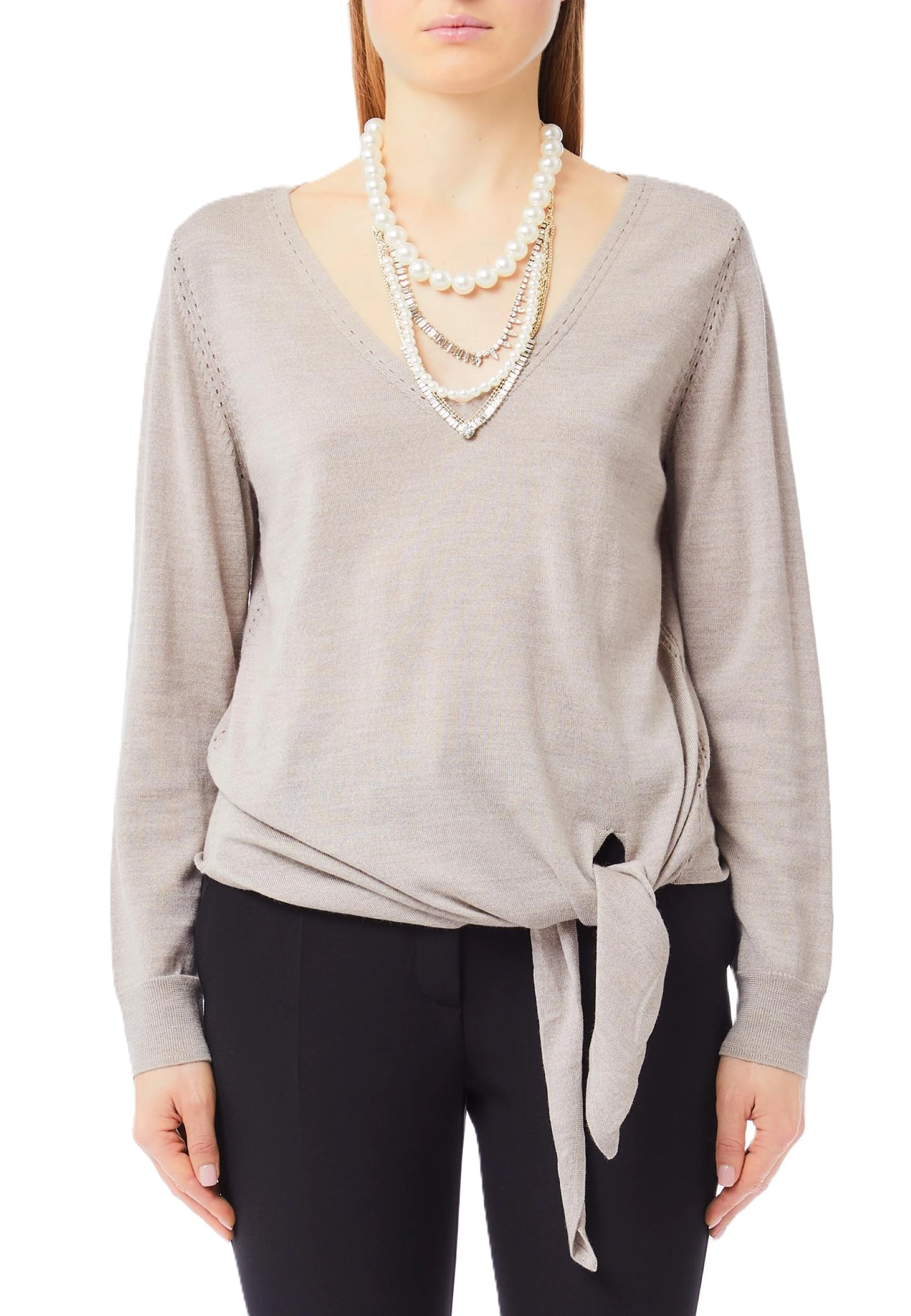 MAGLIA CON SCOLLO A V E FIOCCO LATERALE DONNA TORTORA