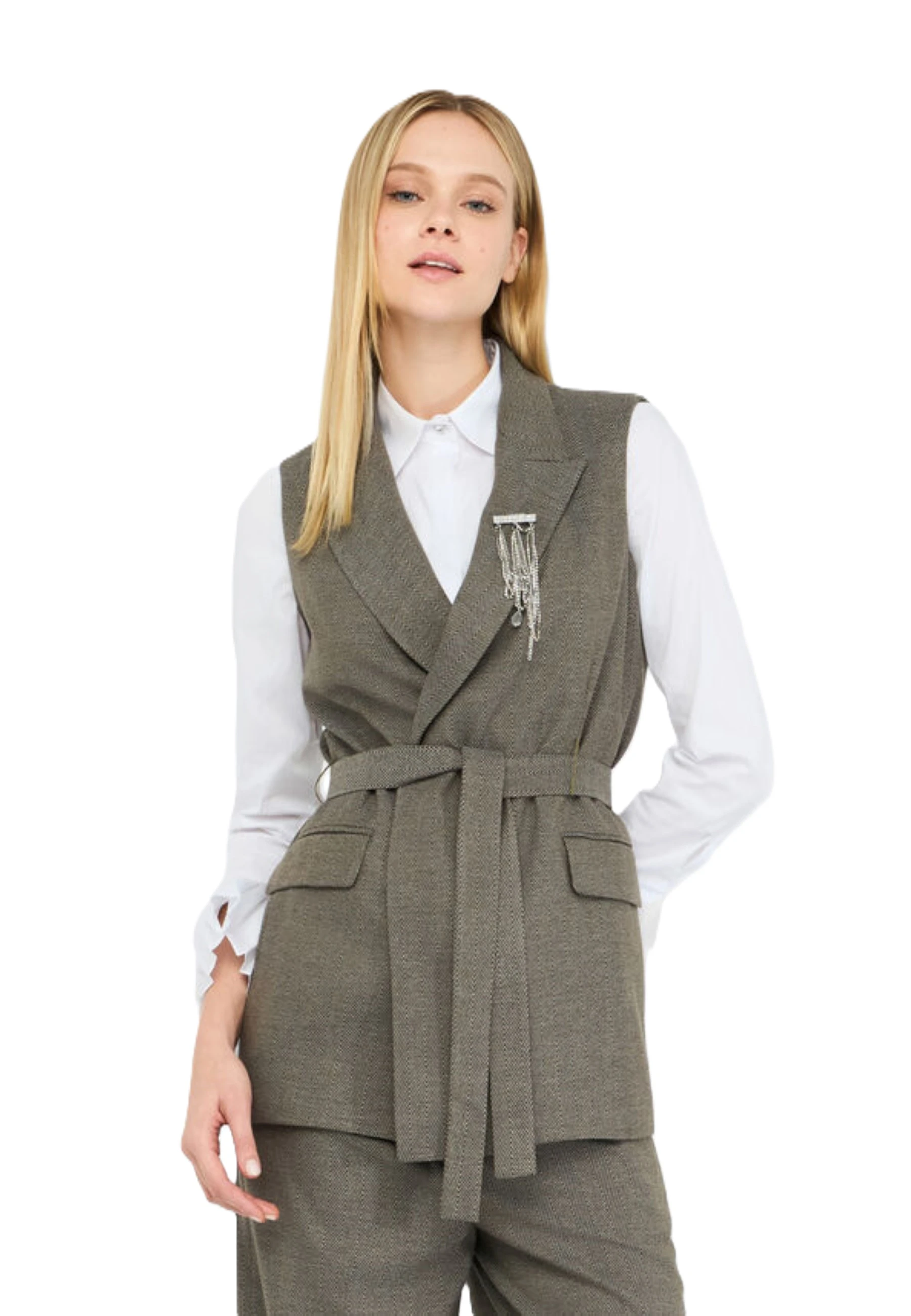 GILET CON MOTIVO CHEVRON E CINTURA DONNA BEIGE