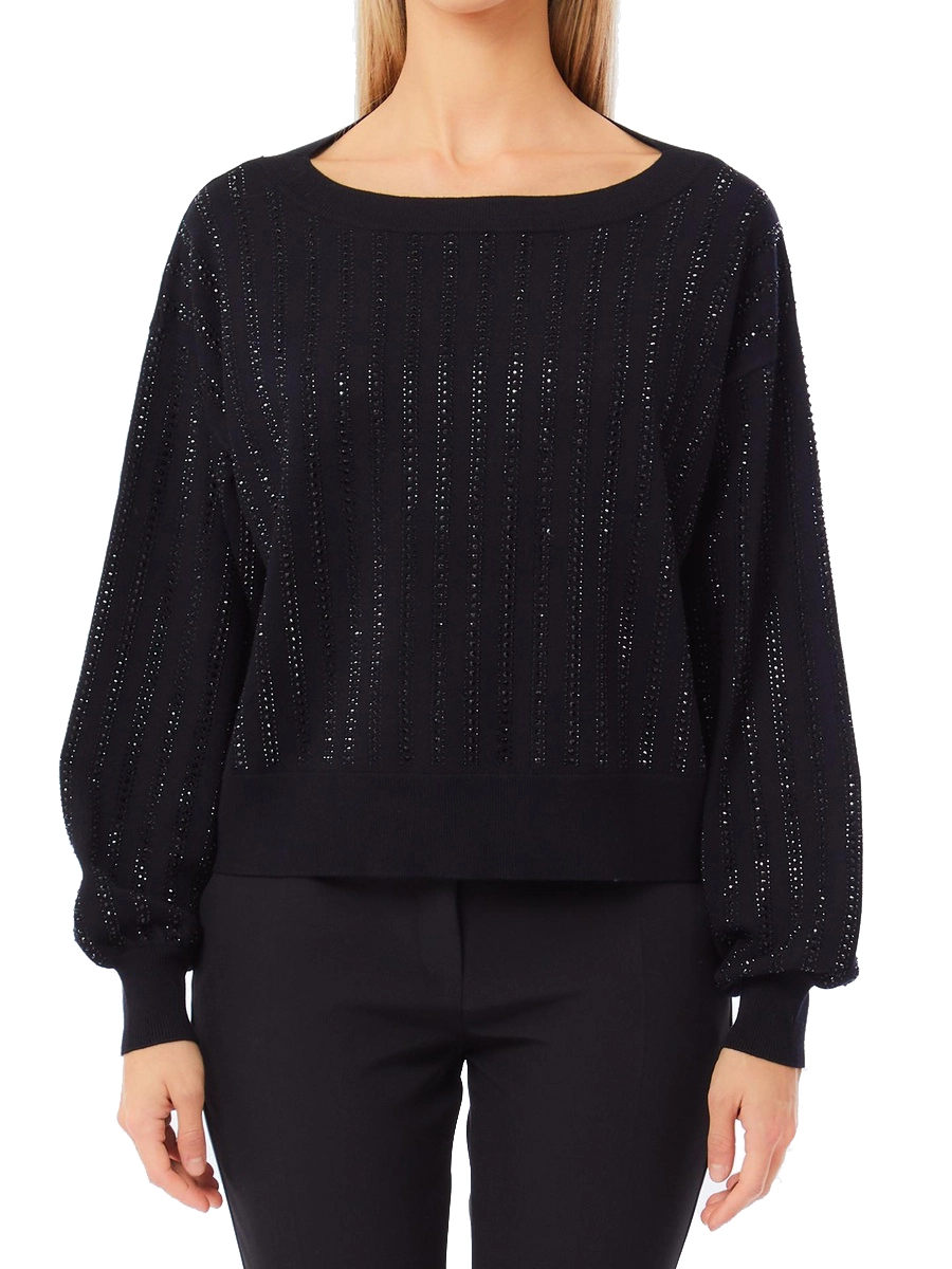 MAGLIA CON SCOLLO A BARCA E STRASS APPLICATI DONNA NERO