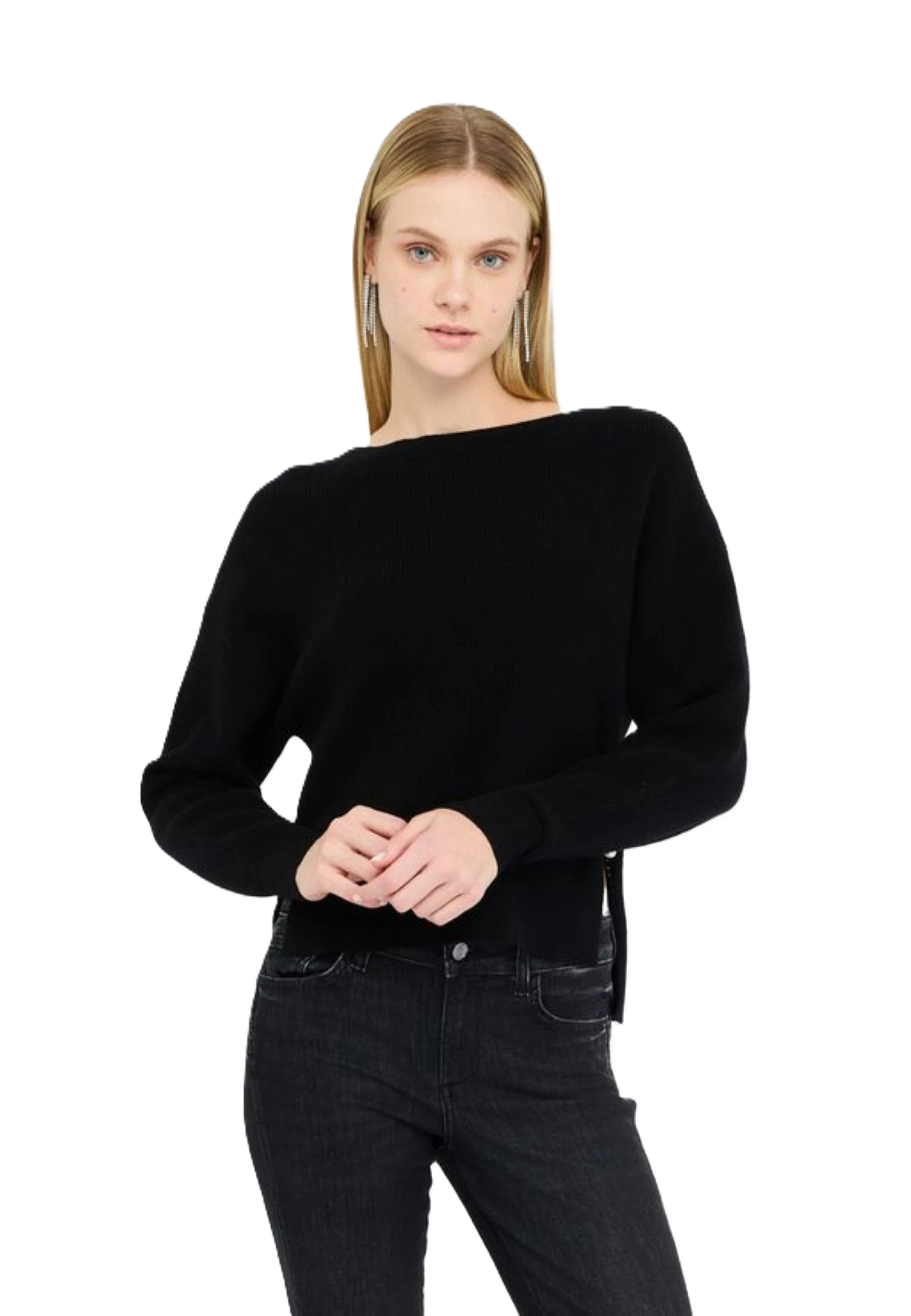MAGLIA IN LANA E CASHMERE CON SPACCHI DONNA NERO