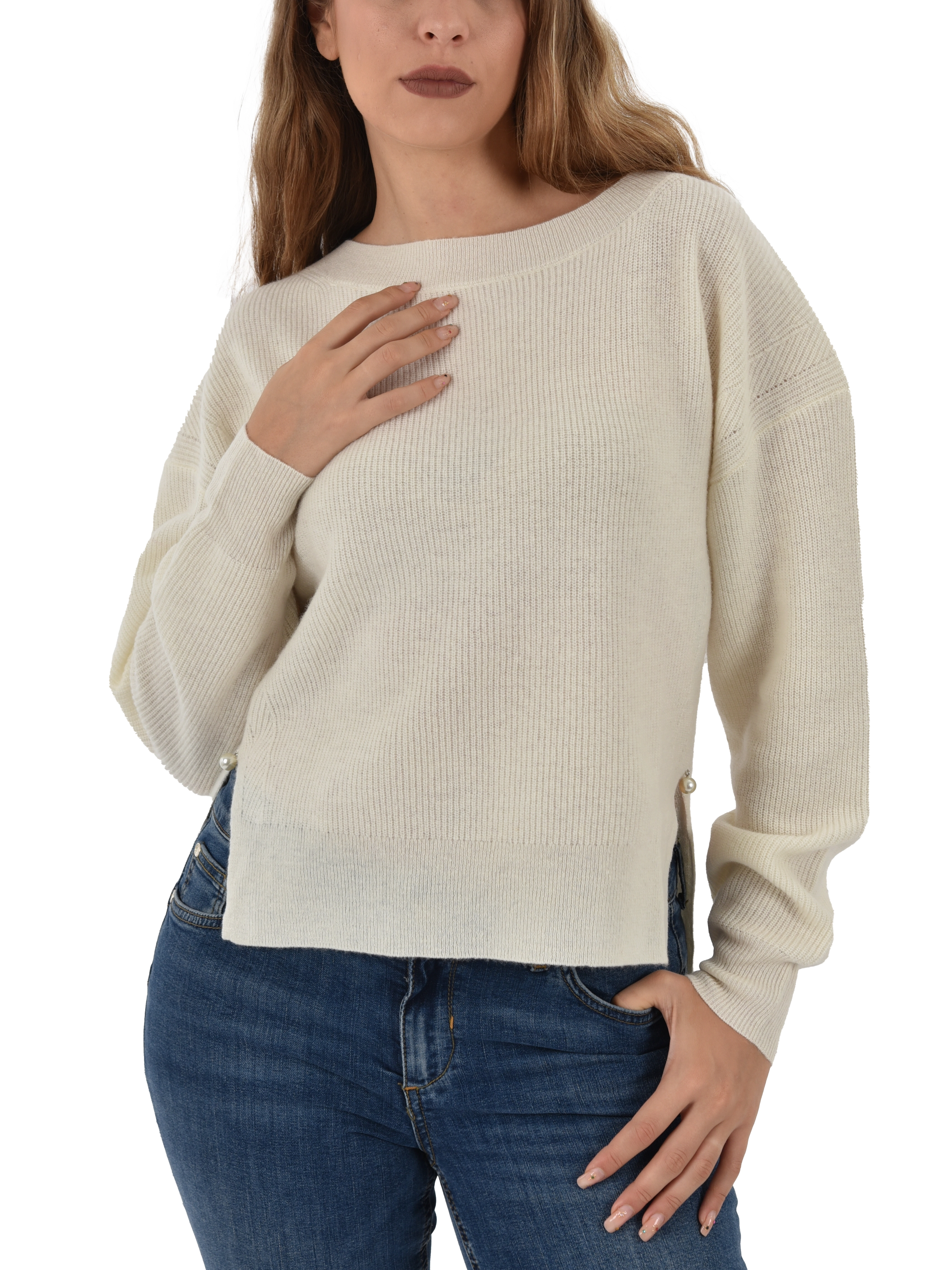 MAGLIA SCOLLO A V IN LANA E CASHMERE CON SPACCHI DONNA BIANCO