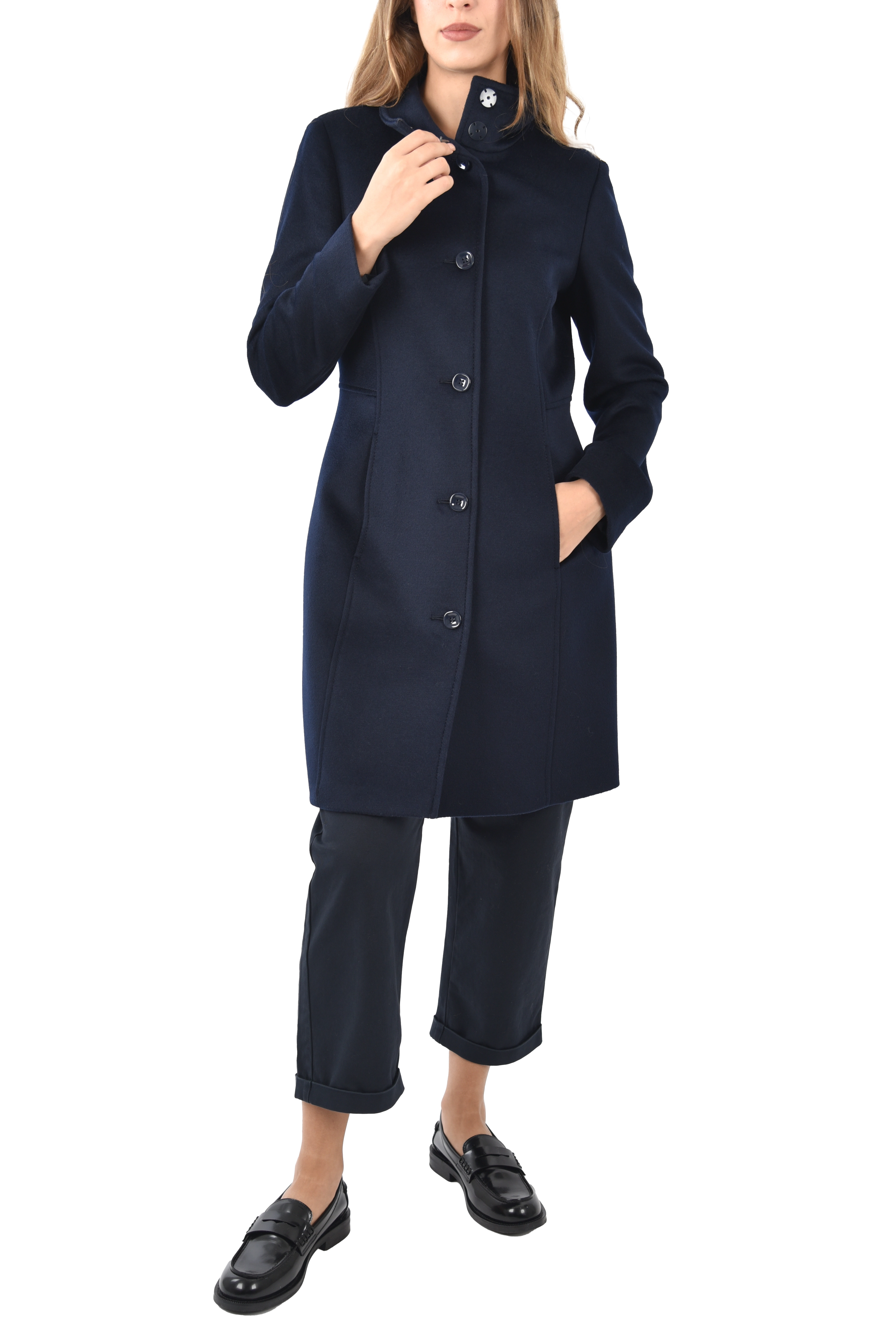 CAPPOTTO  IN LANA CON COLLO ALTO DONNA BLU