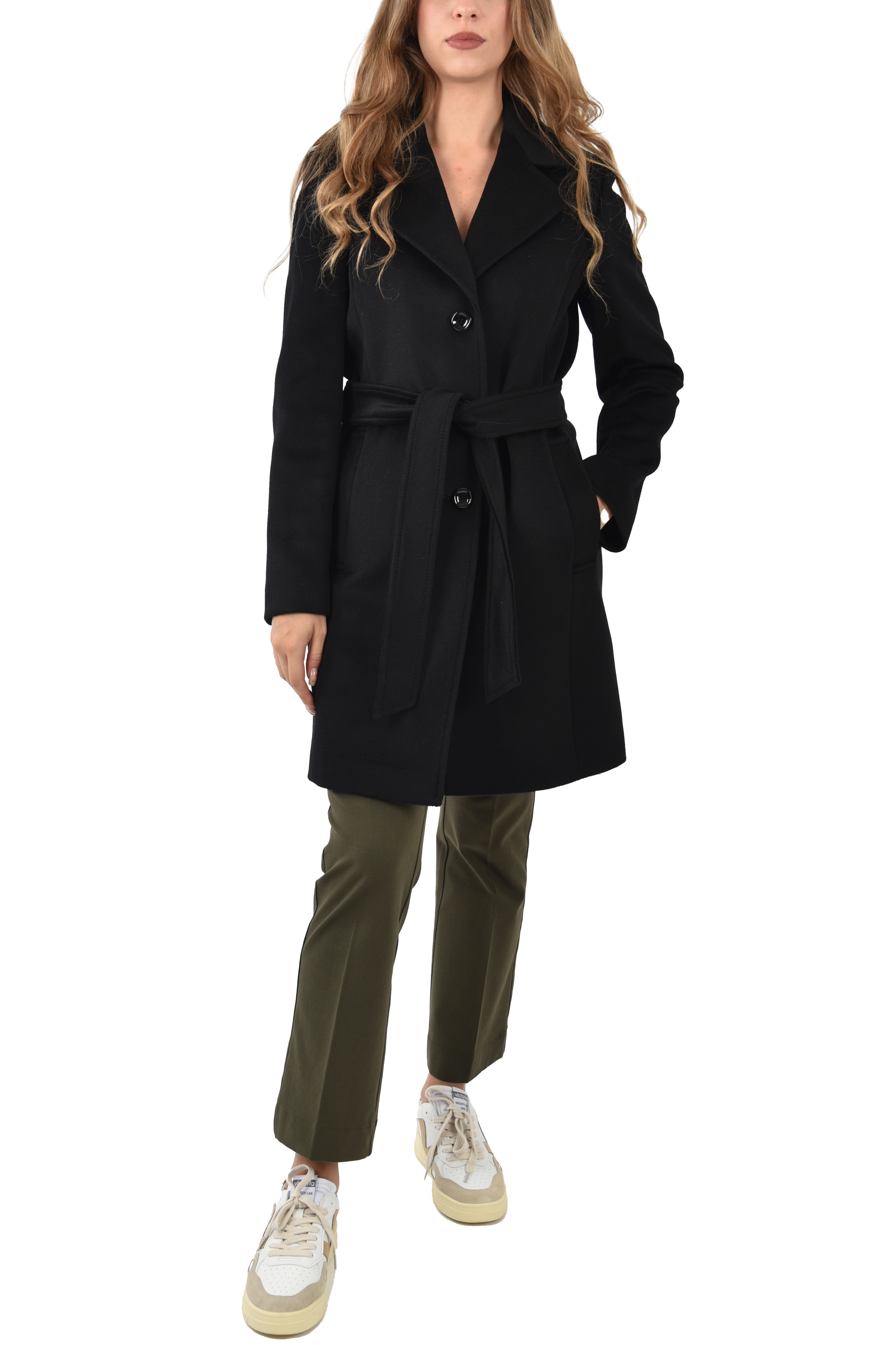 CAPPOTTO LUNGO IN LANA MONOPETTO E CON CINTURA NERO