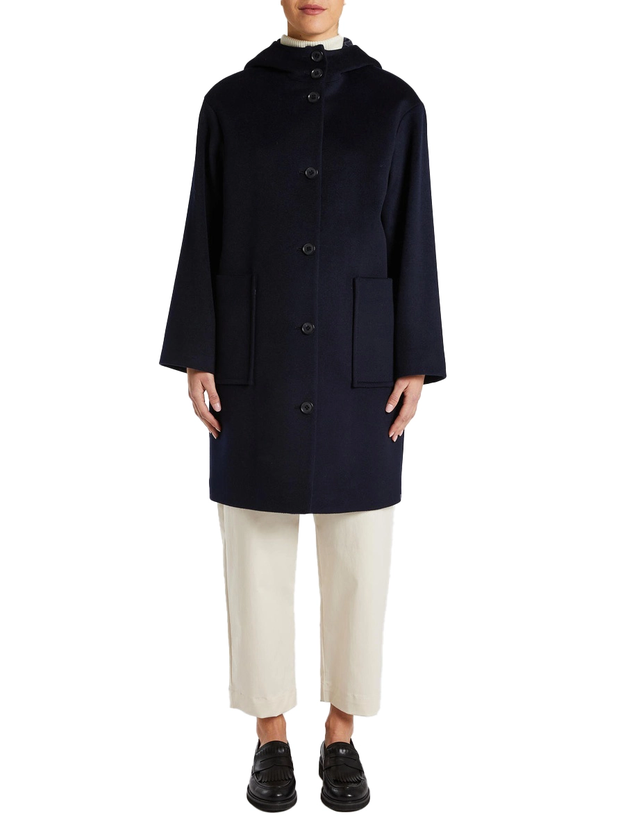 CAPPOTTO LUNGO IN LANA CON CAPPUCCIO DONNA BLU