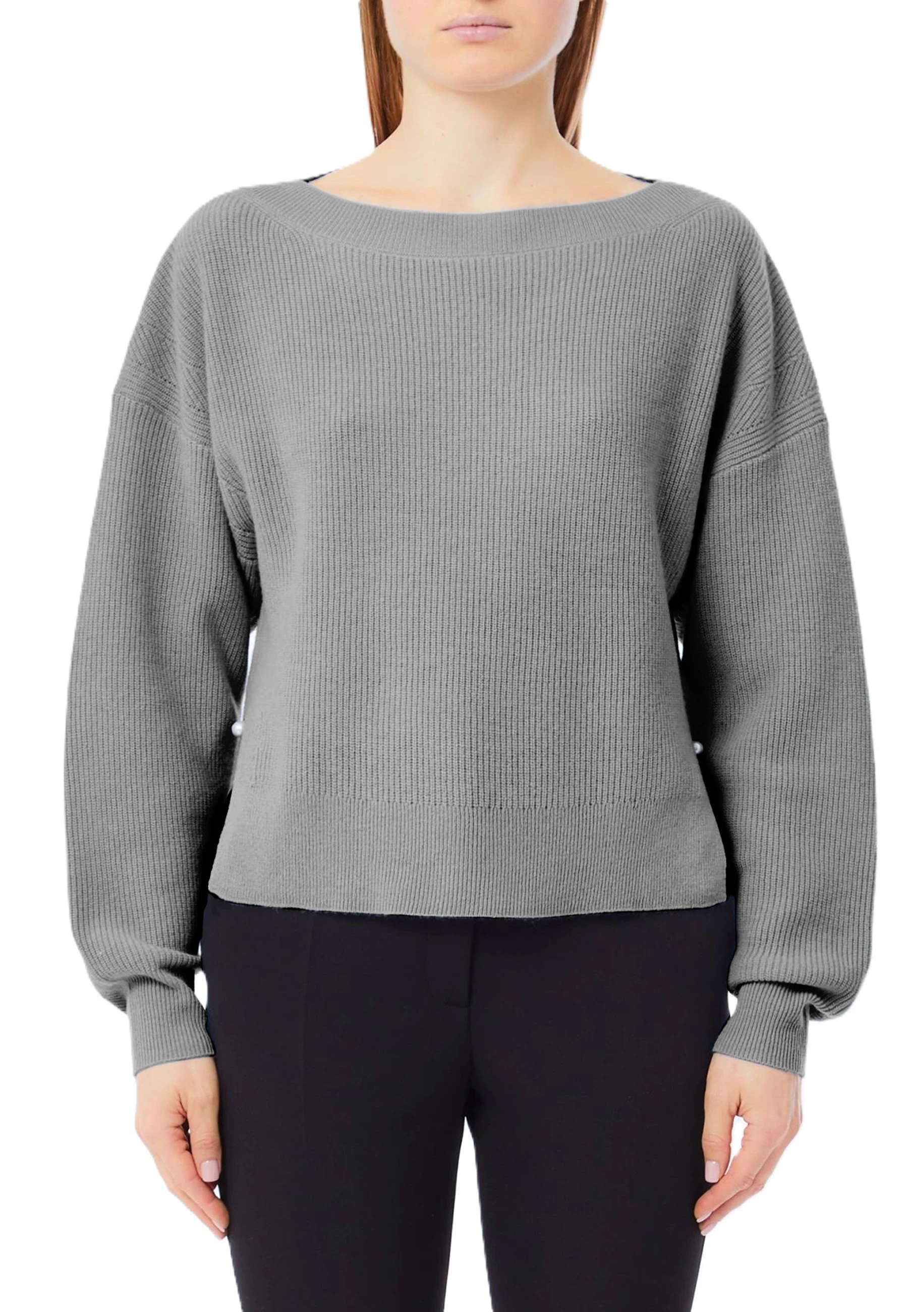 MAGLIA CON SCOLLO A BARCA E SPACCO LATERALE CON PERLA APPLICATA DONNA GRIGIO