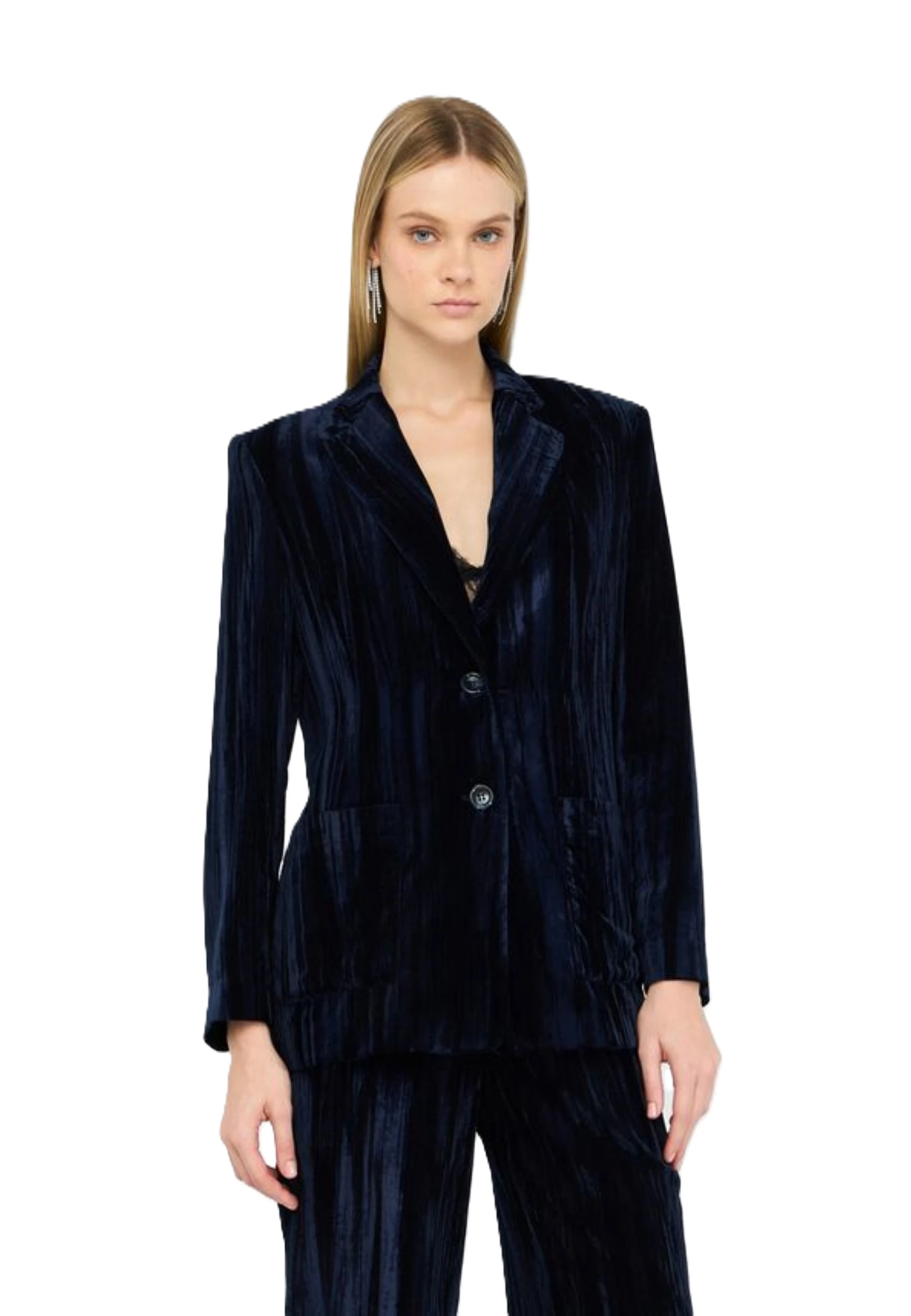 GIACCA BLAZER MONOPETTO IN VELLUTO CON TASCHE DONNA BLU