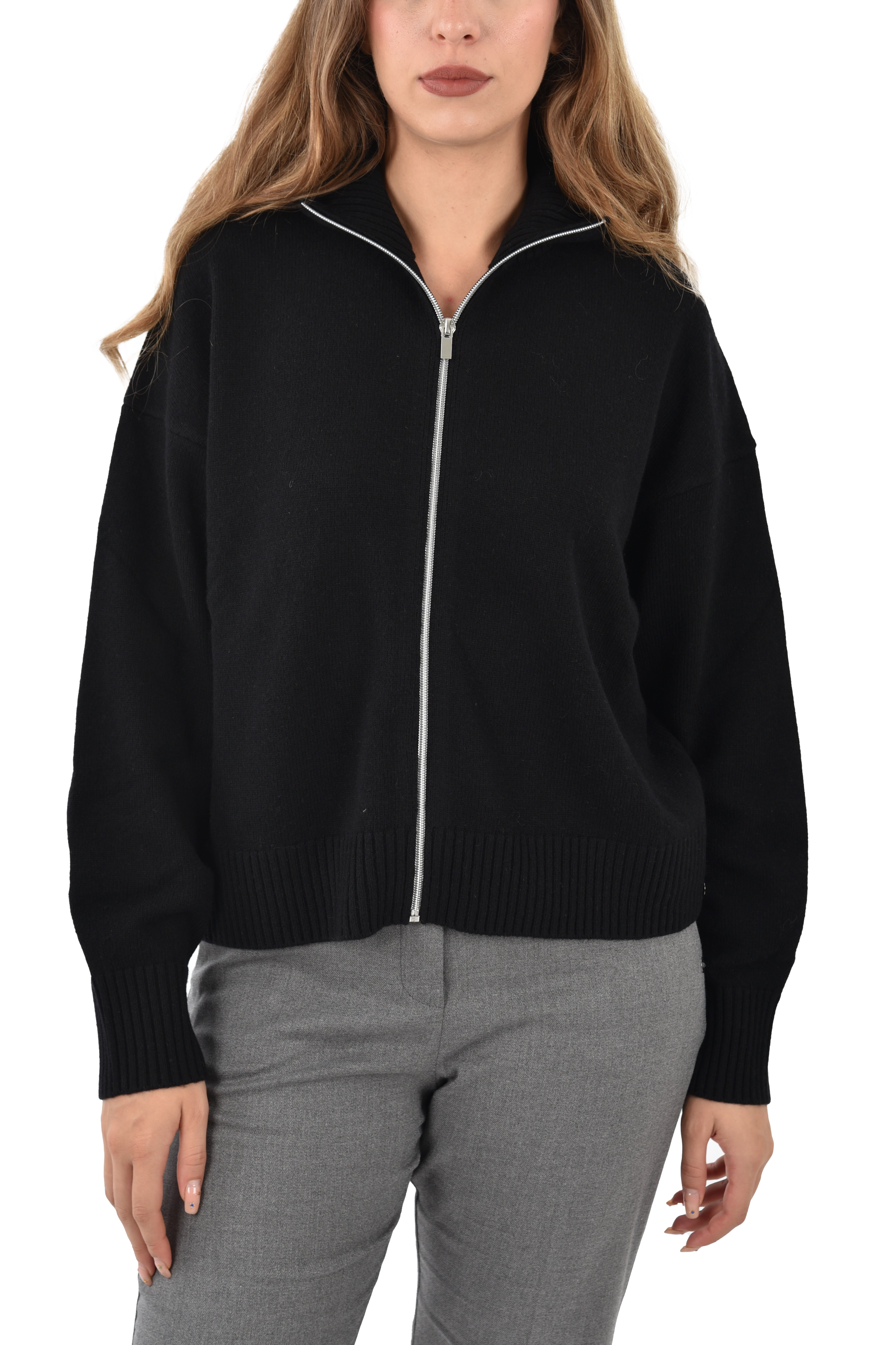 CARDIGAN IN LANA CON CERNIERA DONNA NERO