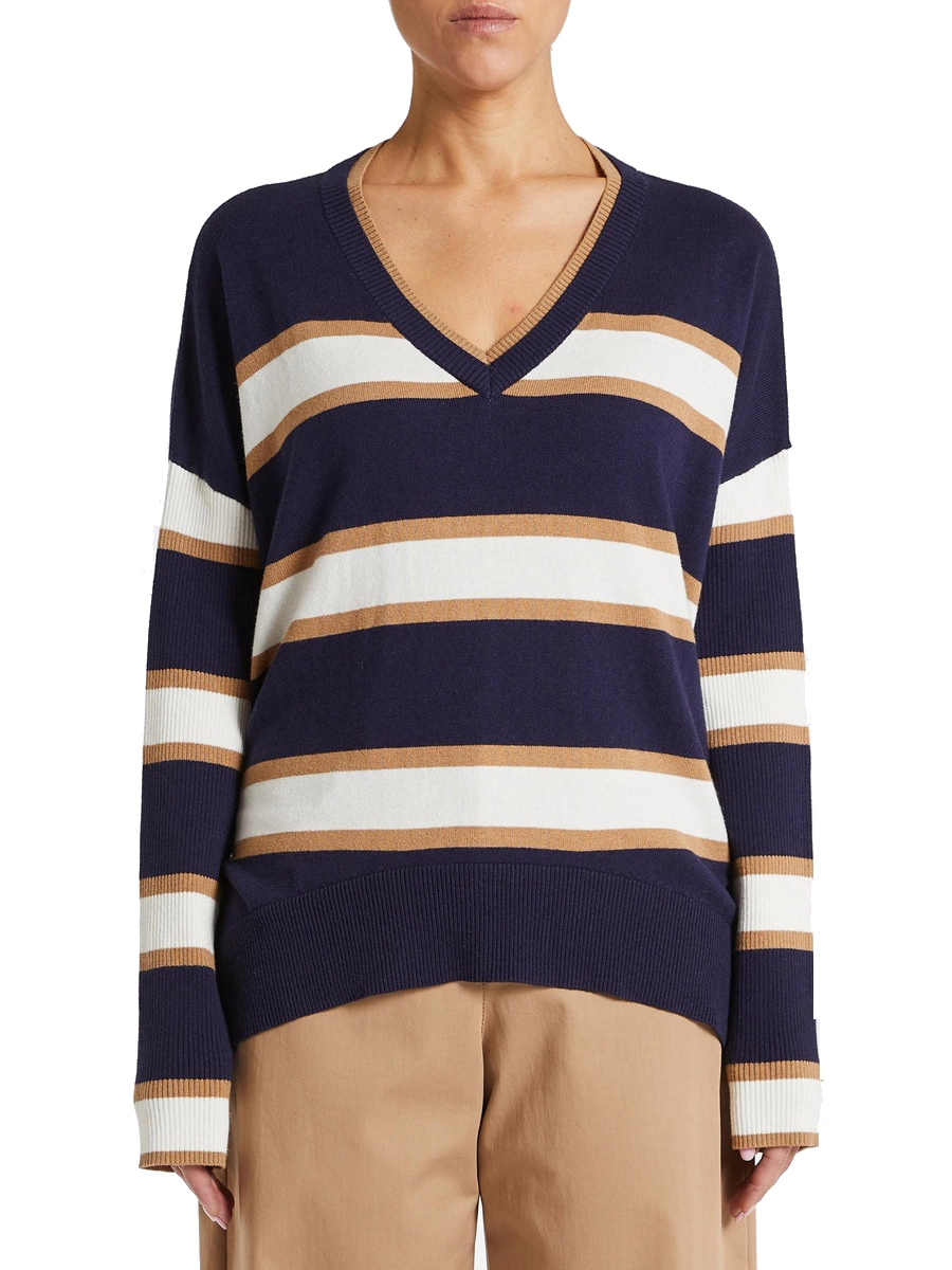 MAGLIA CON SCOLLO A V A RIGHE DONNA BLU