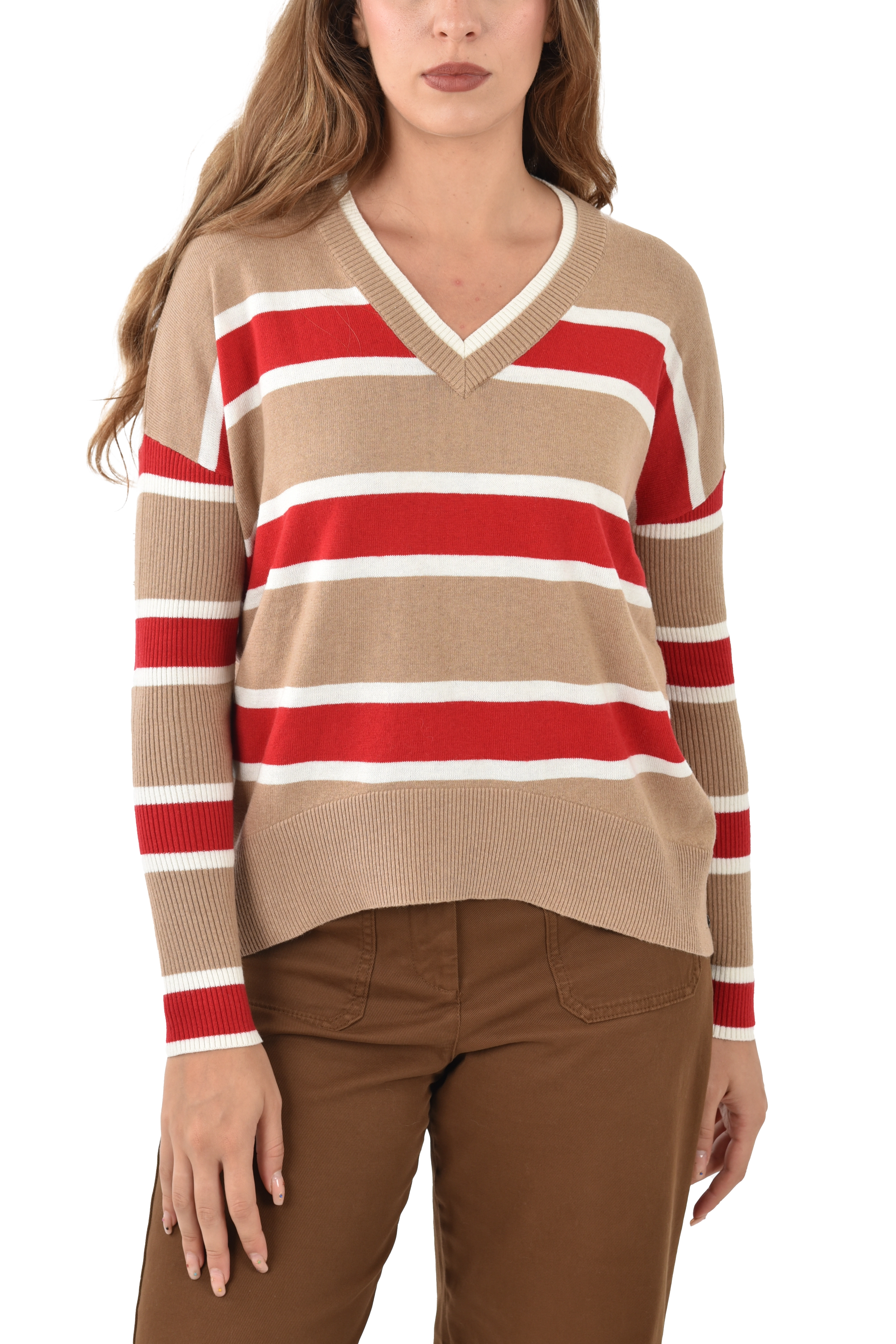MAGLIA CON SCOLLO A V A RIGHE DONNA AVORIO