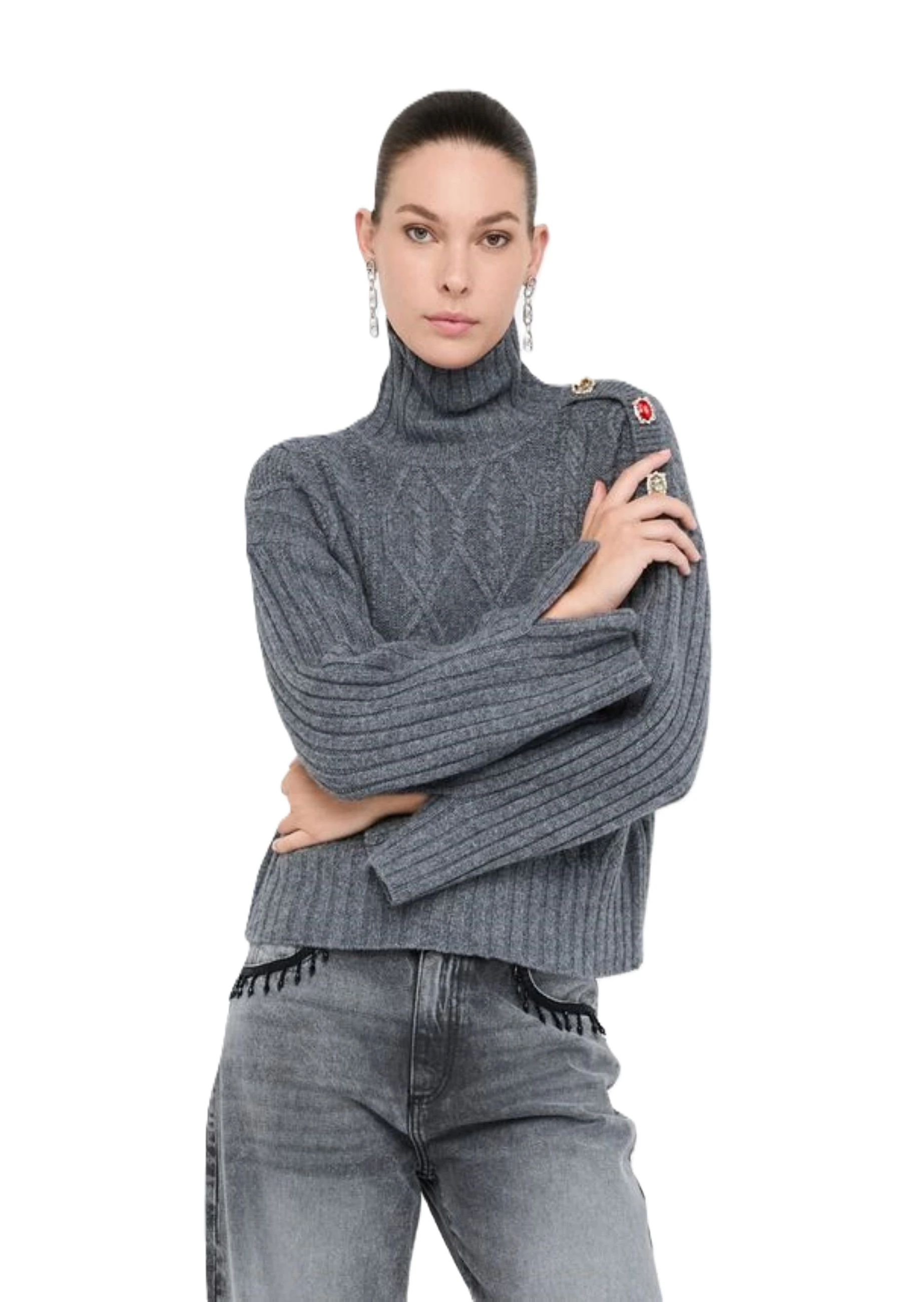 MAGLIA DOLCEVITA DONNA CON LAVORAZIONE A TRECCE E BOTTONI GIOIELLO DONNA GRIGIO