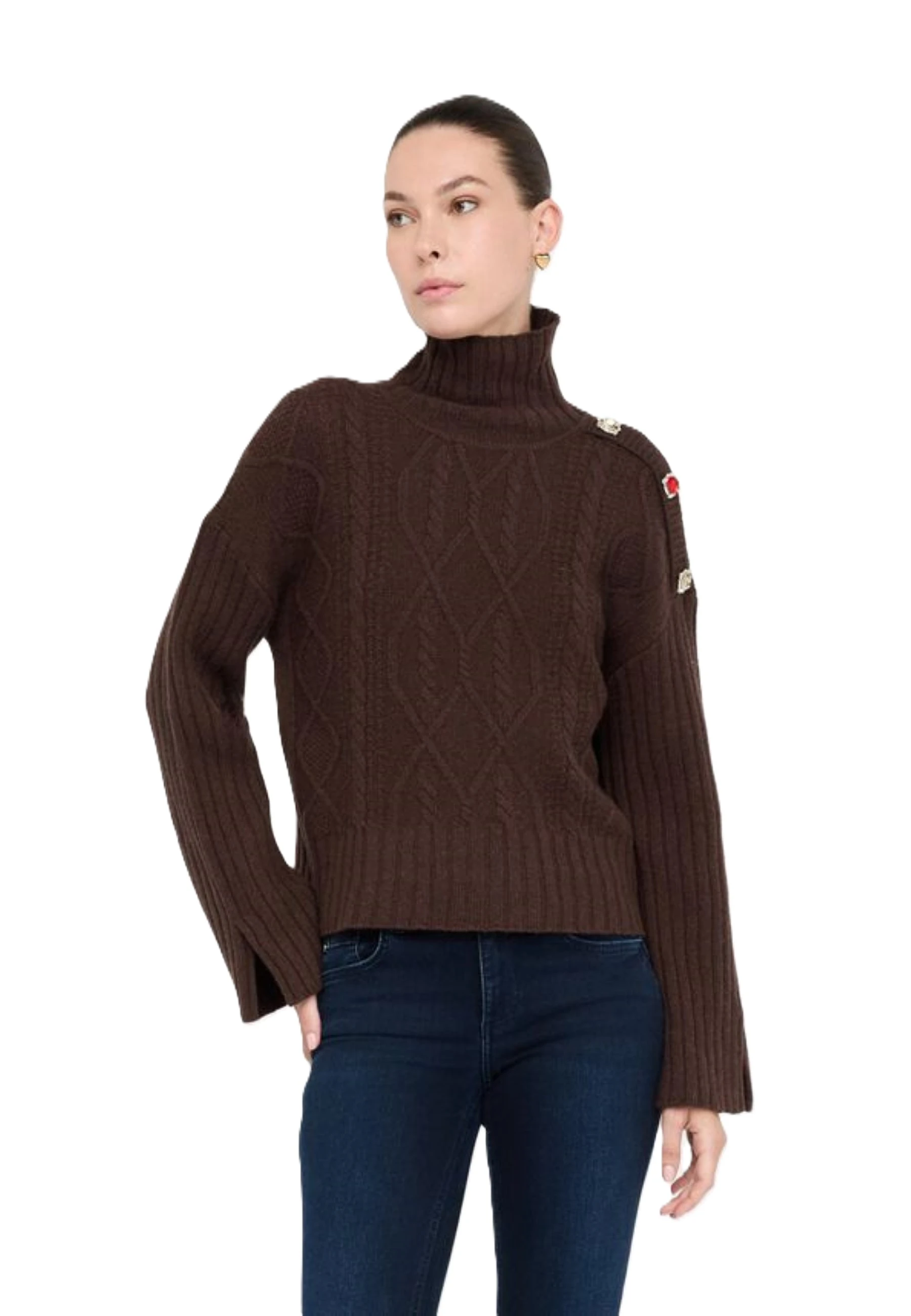 MAGLIA DOLCEVITA DONNA CON LAVORAZIONE A TRECCE E BOTTONI GIOIELLO DONNA MARRONE
