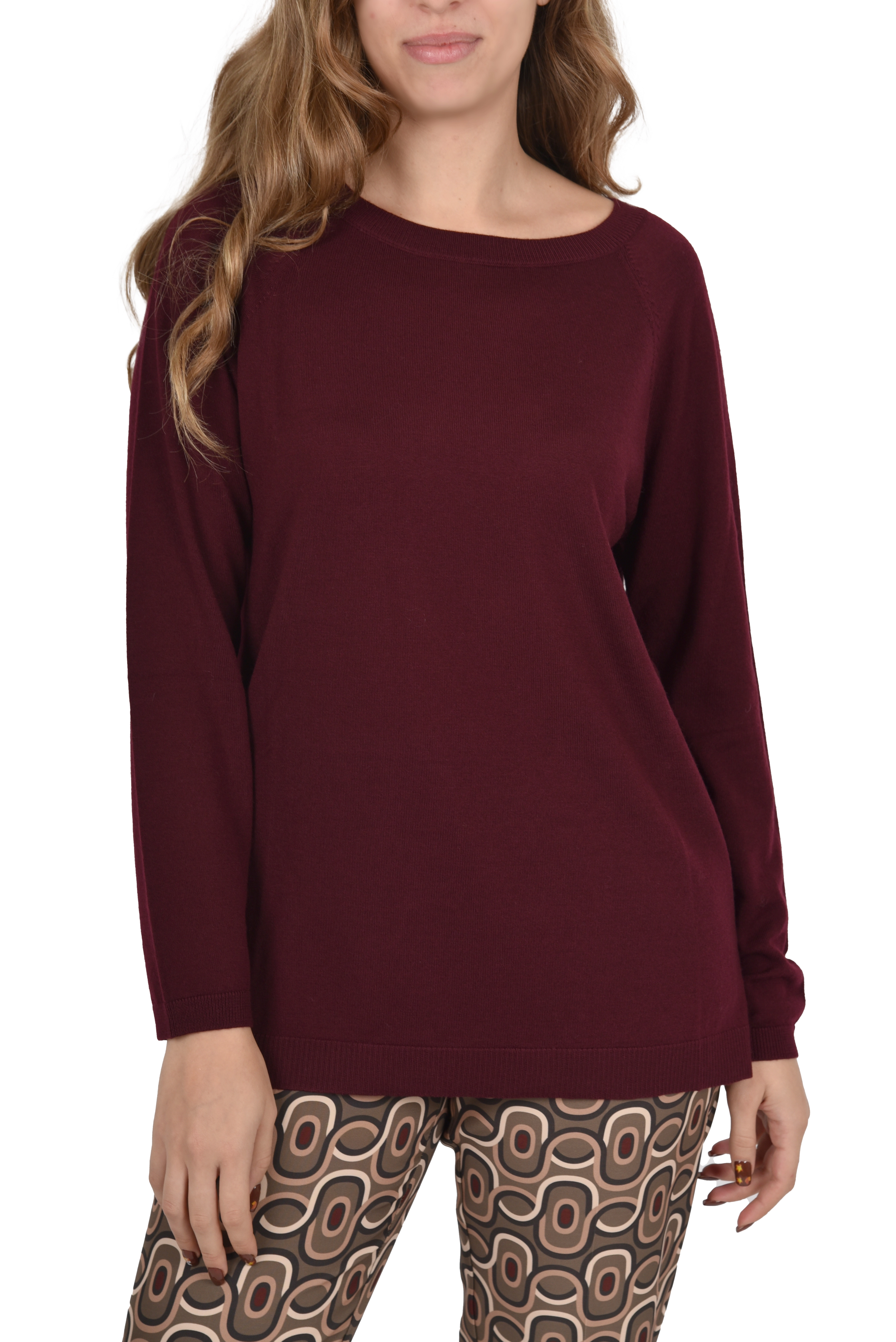 MAGLIA SCOLLO A BARCA IN LANA DONNA BORDEAUX