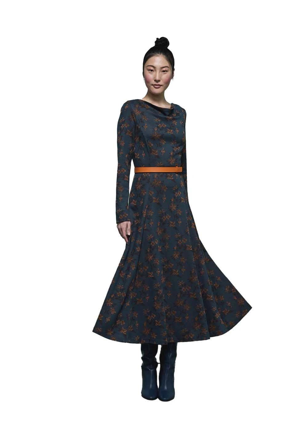 VESTITO LUNGO INJERSEY  CON FANTASIA FLOREALE DONNA VERDE SCURO