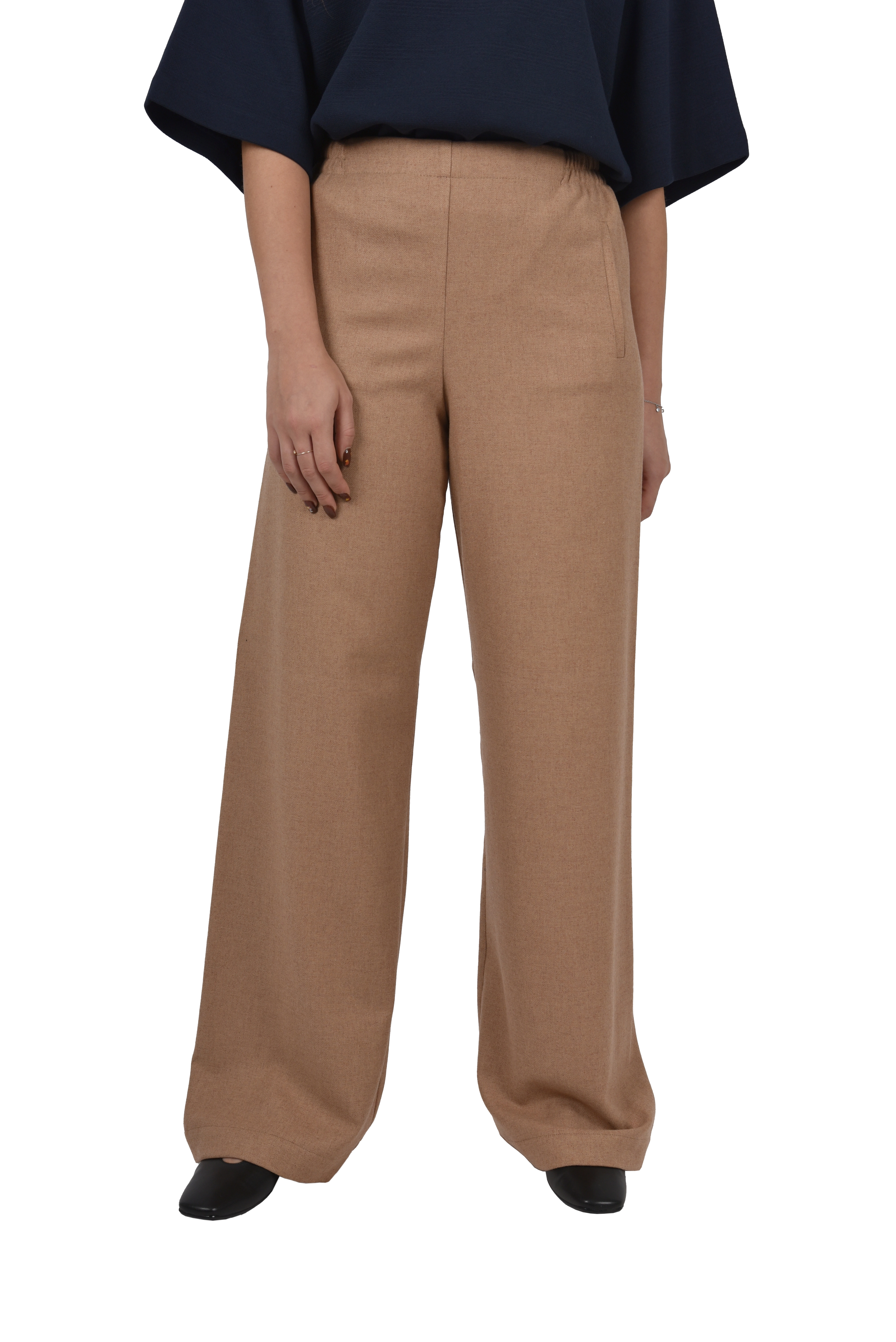 PANTALONI PALAZZO IN MISTO LANA CON VITA SEMIELASTICIZZATA DONNA BEIGE