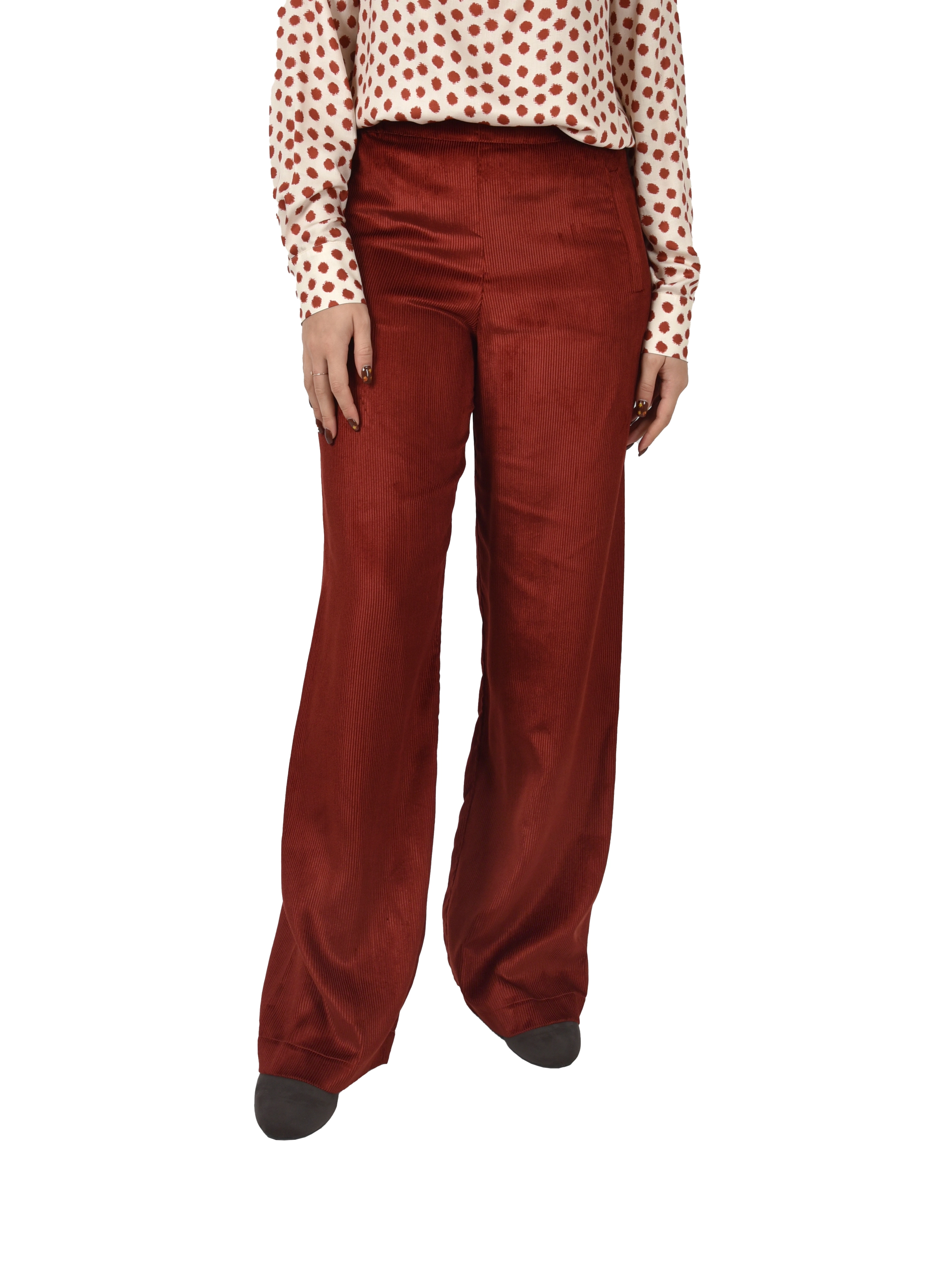 PANTALONI PALAZZO IN VELLUTO CON LAVORAZIONE A COSTE DONNA BORDEAUX