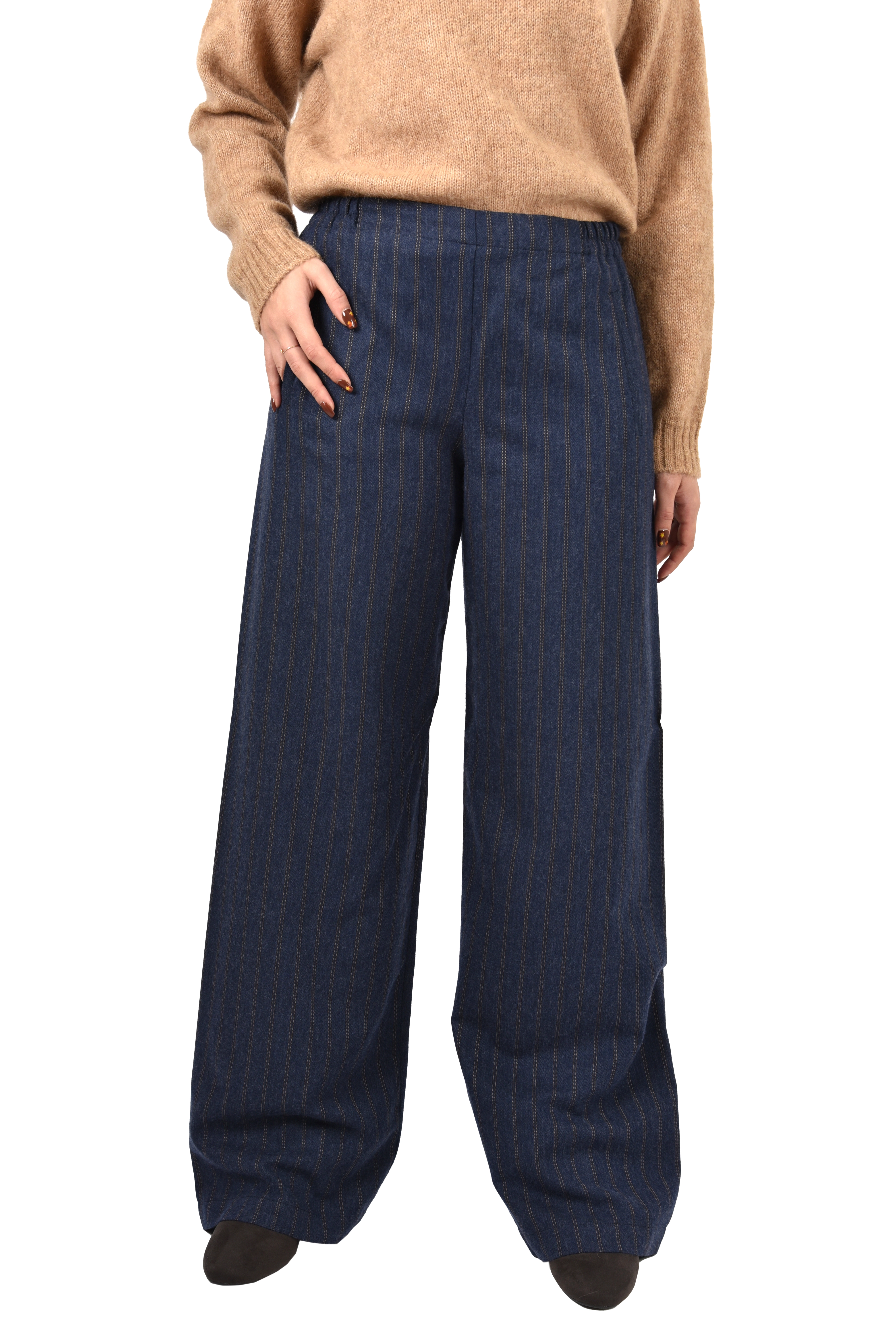 PANTALONI PALAZZO GESSATI CON ELASTICO IN VITA DONNA BLU