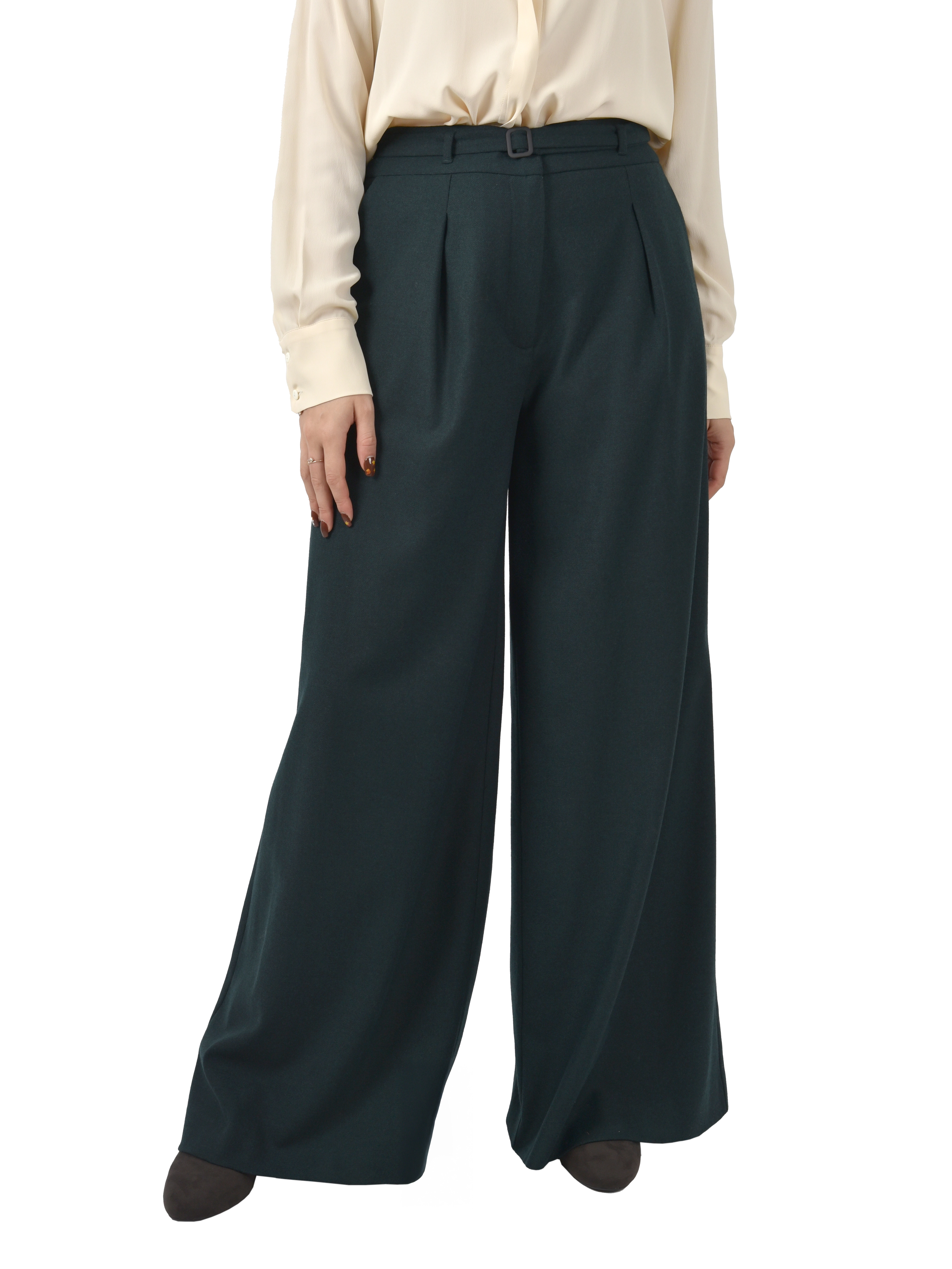 PANTALONI PALAZZO CON CINTURA IN MISTO LANA DONNA VERDE