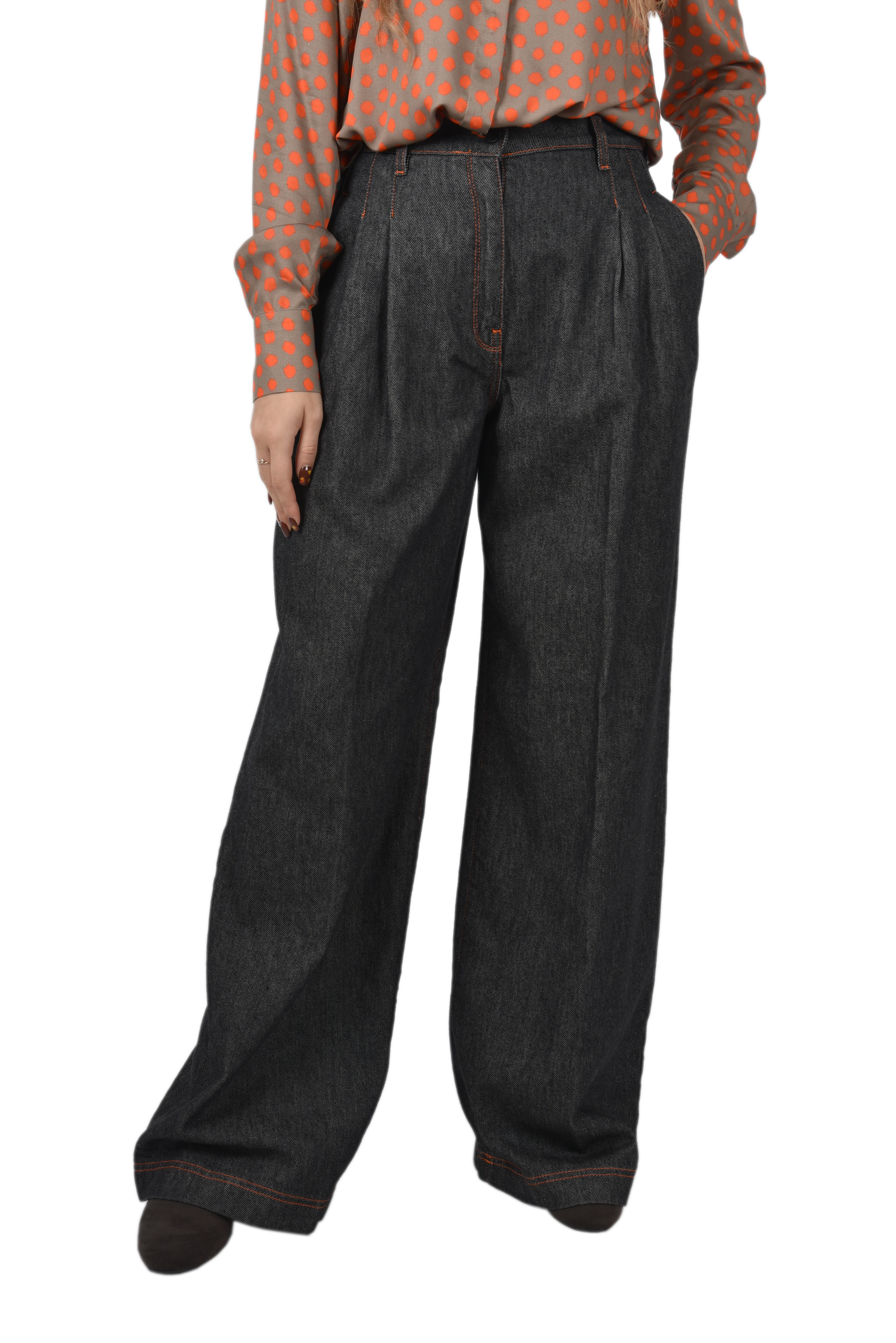 JEANS PALAZZO CON CUCITRURE A CONTRASTO DONNA NERO