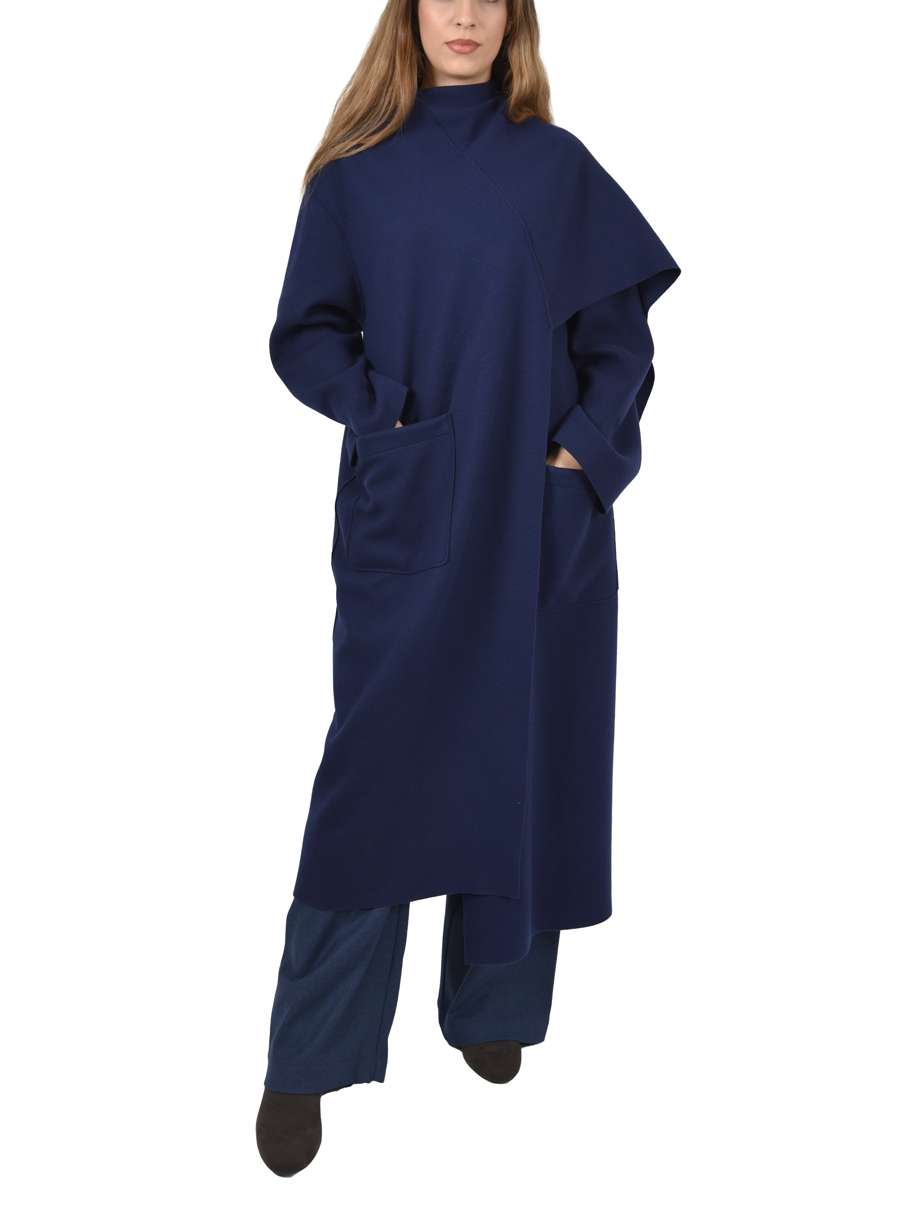 CAPPOTTO LUNGO CON CHIUSURA SULLA SPALLA IN MISTO LANA DONNA BLU