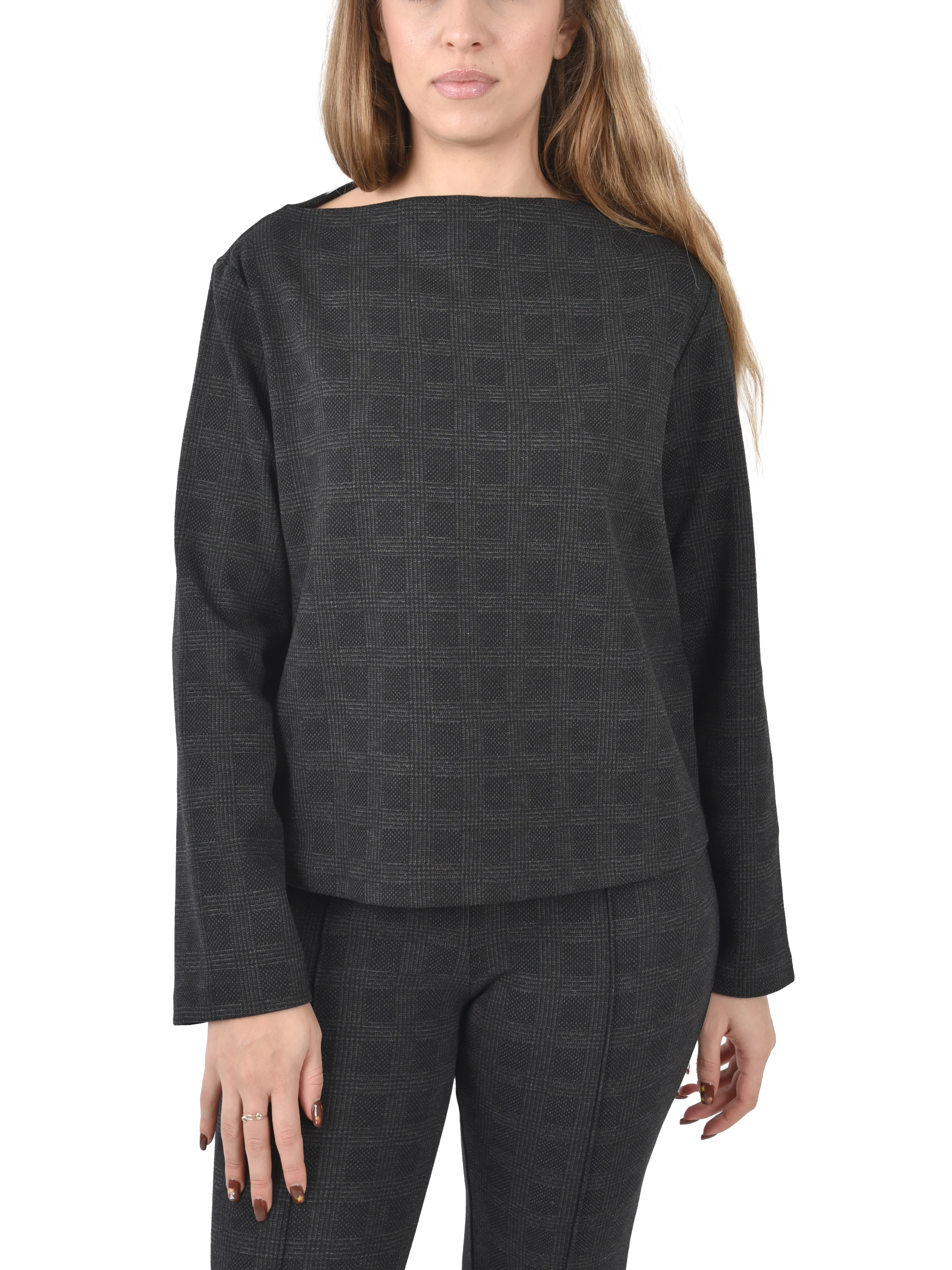 MAGLIA CON SCOLLO IN JERSEY MISTO COTONE DONNA NERO