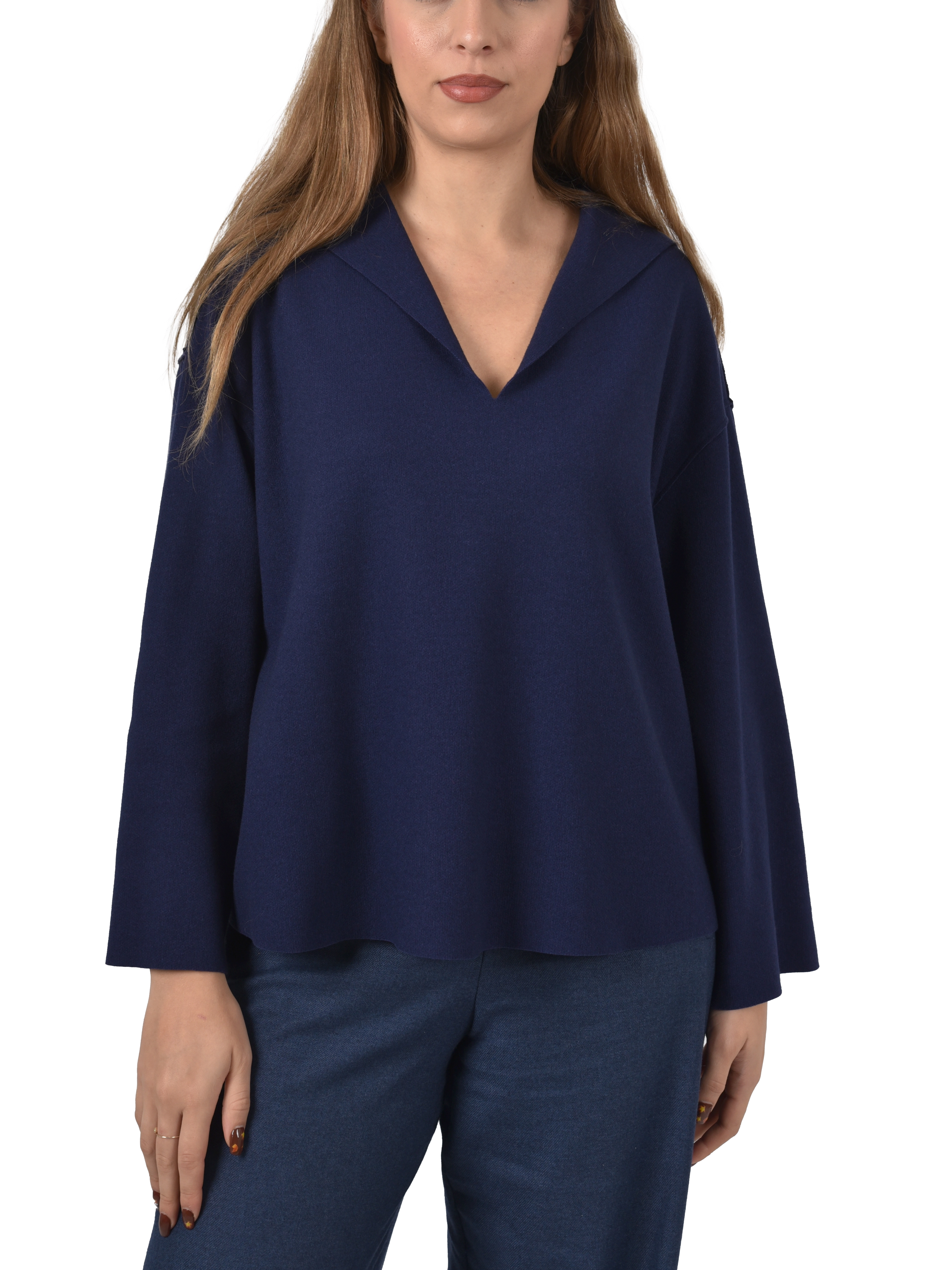 MAGLIA CON SCOLLO A V  IN MISTO LANA VERGINE DONNA BLU