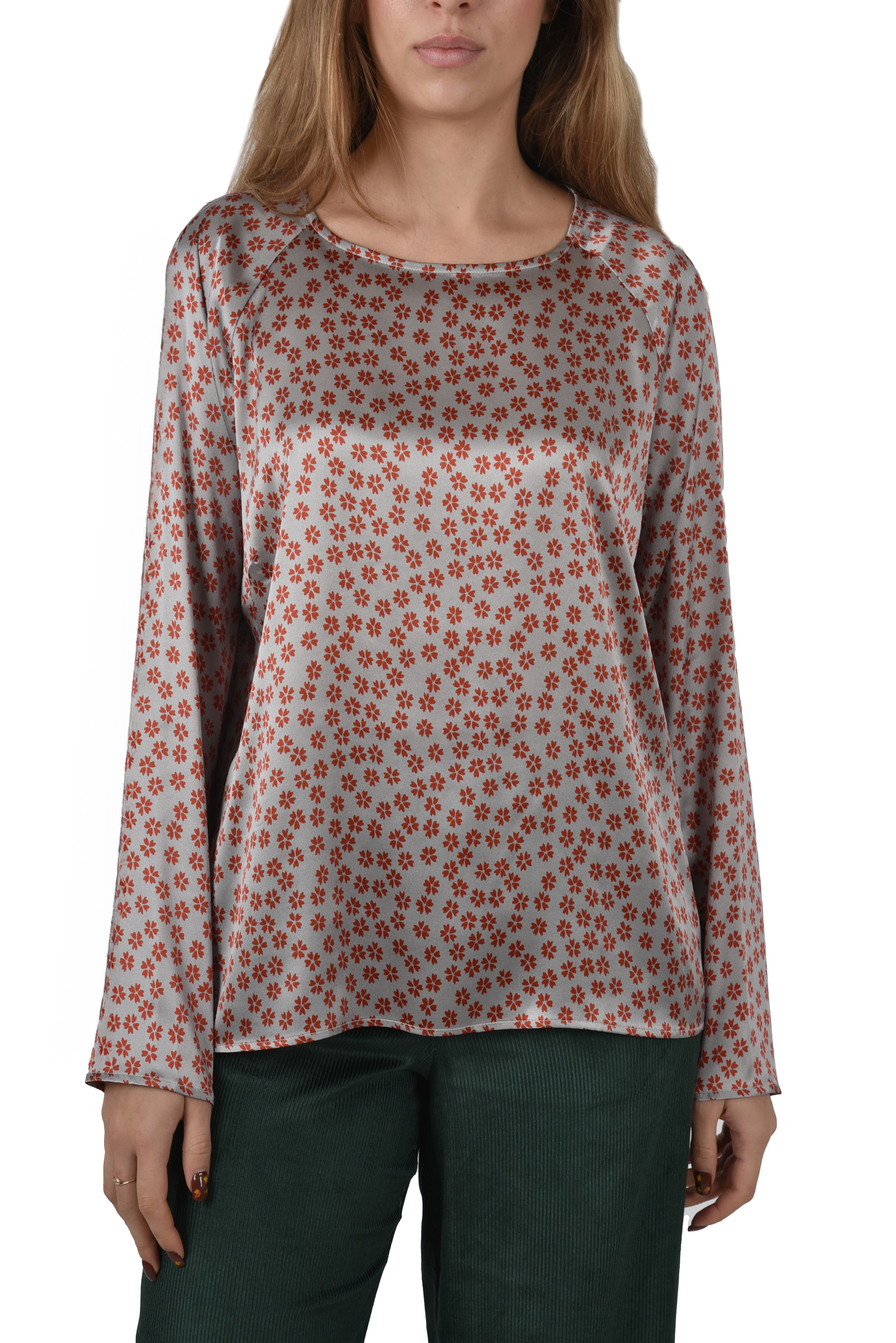 BLUSA IN SETA CON STAMPA FANTASIA DONNA GRIGIO