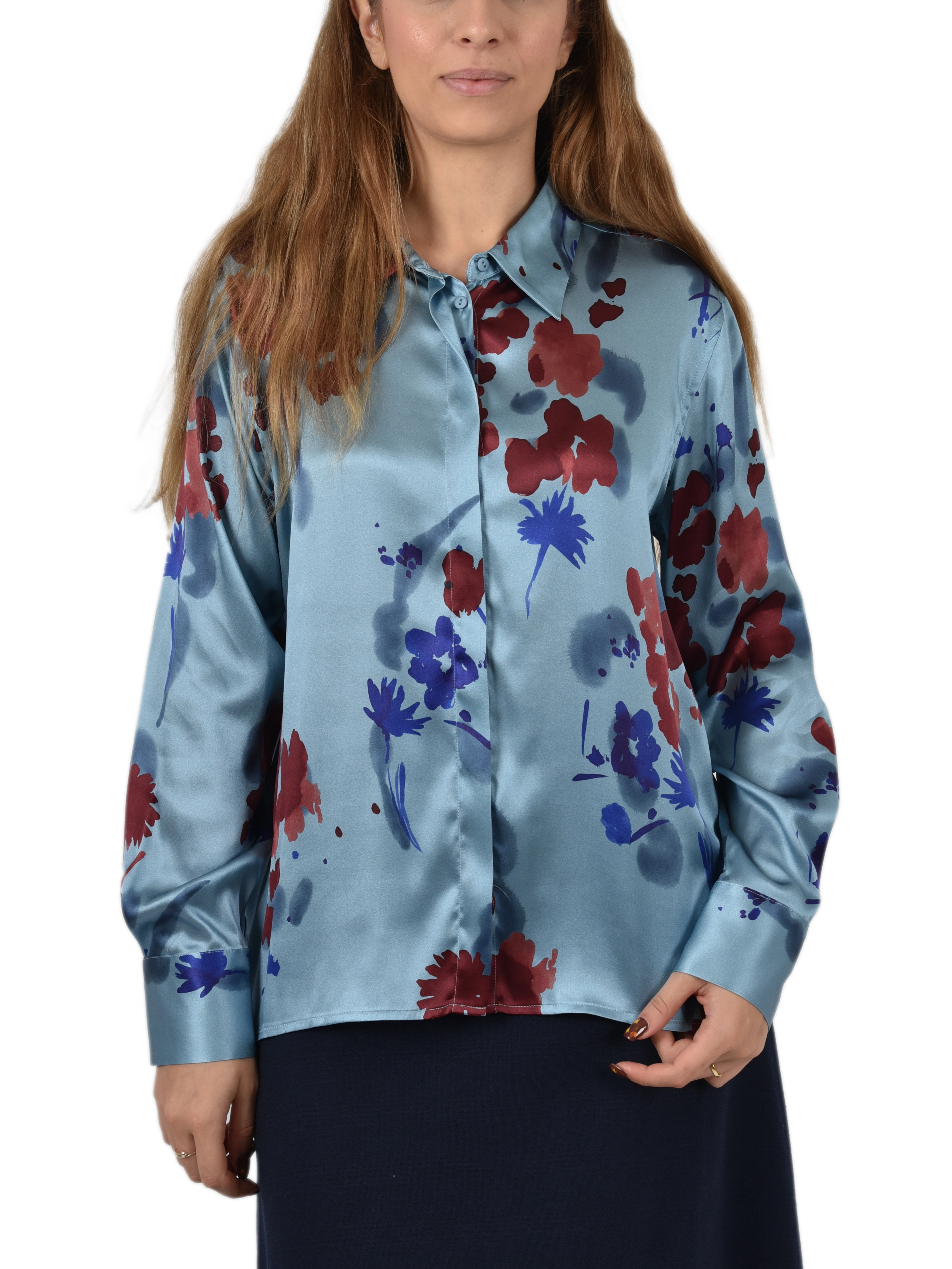 BLUSA IN SETA CON MICROFANTASIA DONNA AZZURRO