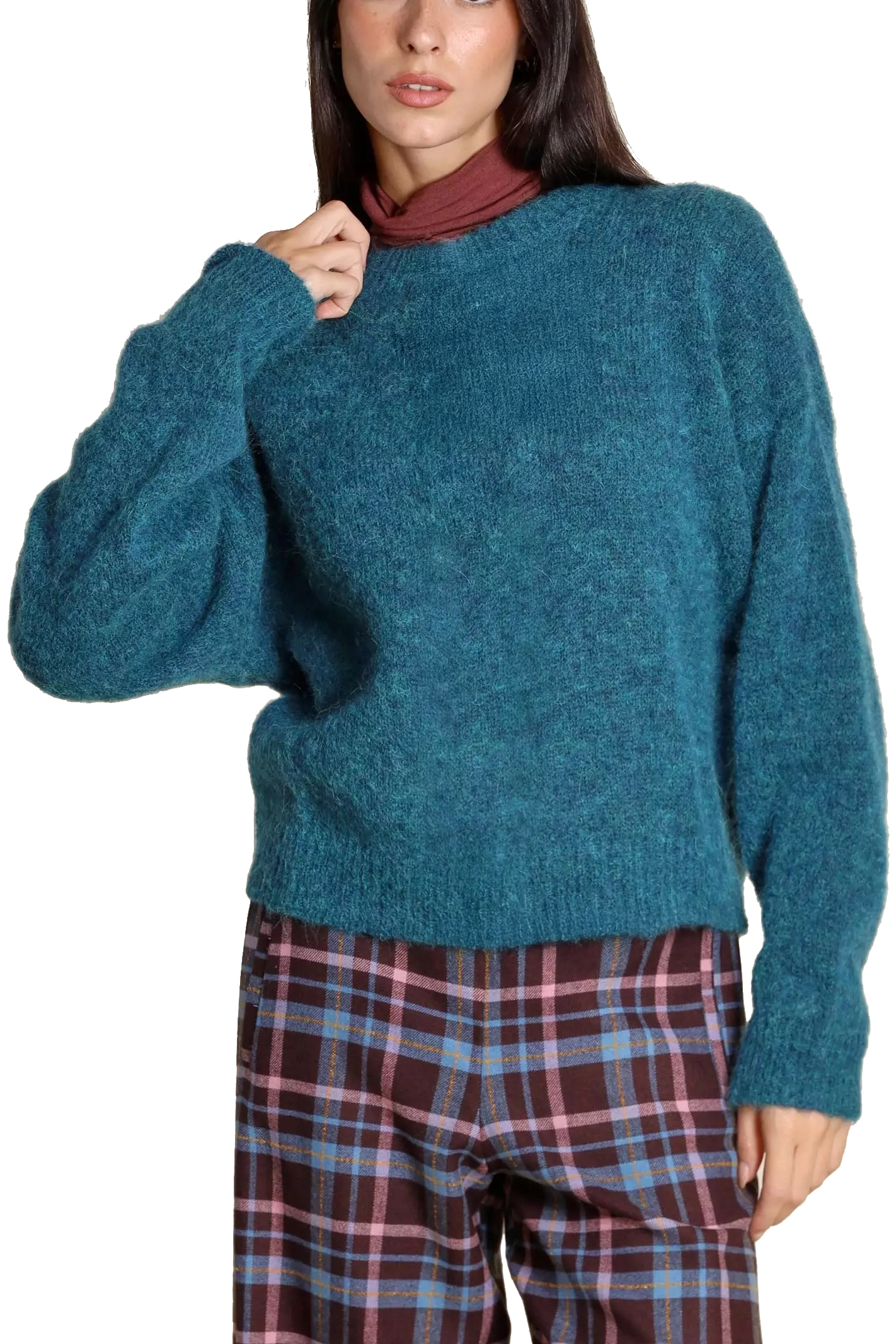 MAGLIA GIROCOLLO IN  MISTO ALPACA CON PROFILI A COSTINE DONNA VERDE SCURO