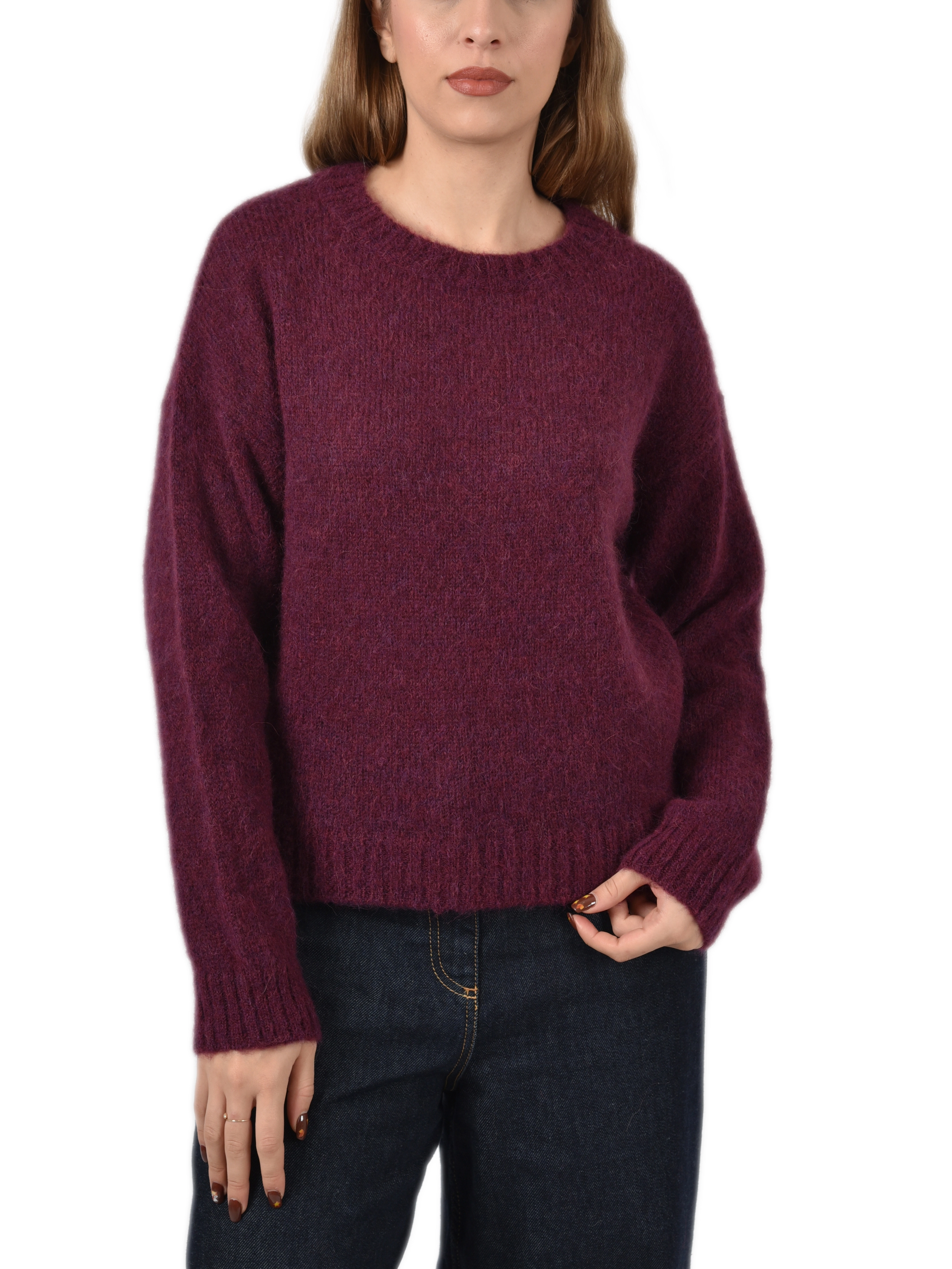 MAGLIA GIROCOLLO IN  MISTO ALPACA CON PROFILI A COSTINE DONNA BORDEAUX