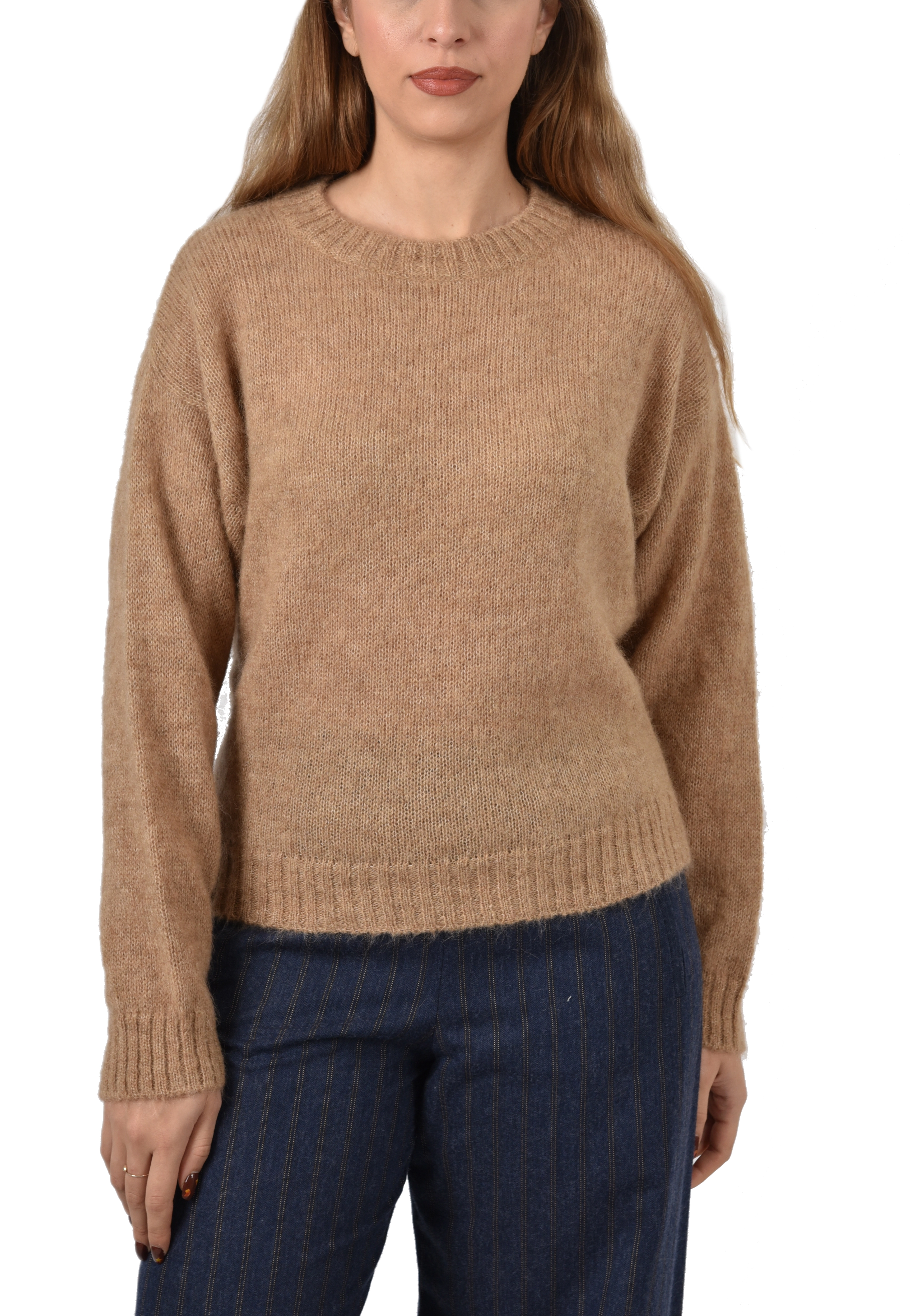 MAGLIA GIROCOLLO IN  MISTO ALPACA CON PROFILI A COSTINE DONNA MARRONE