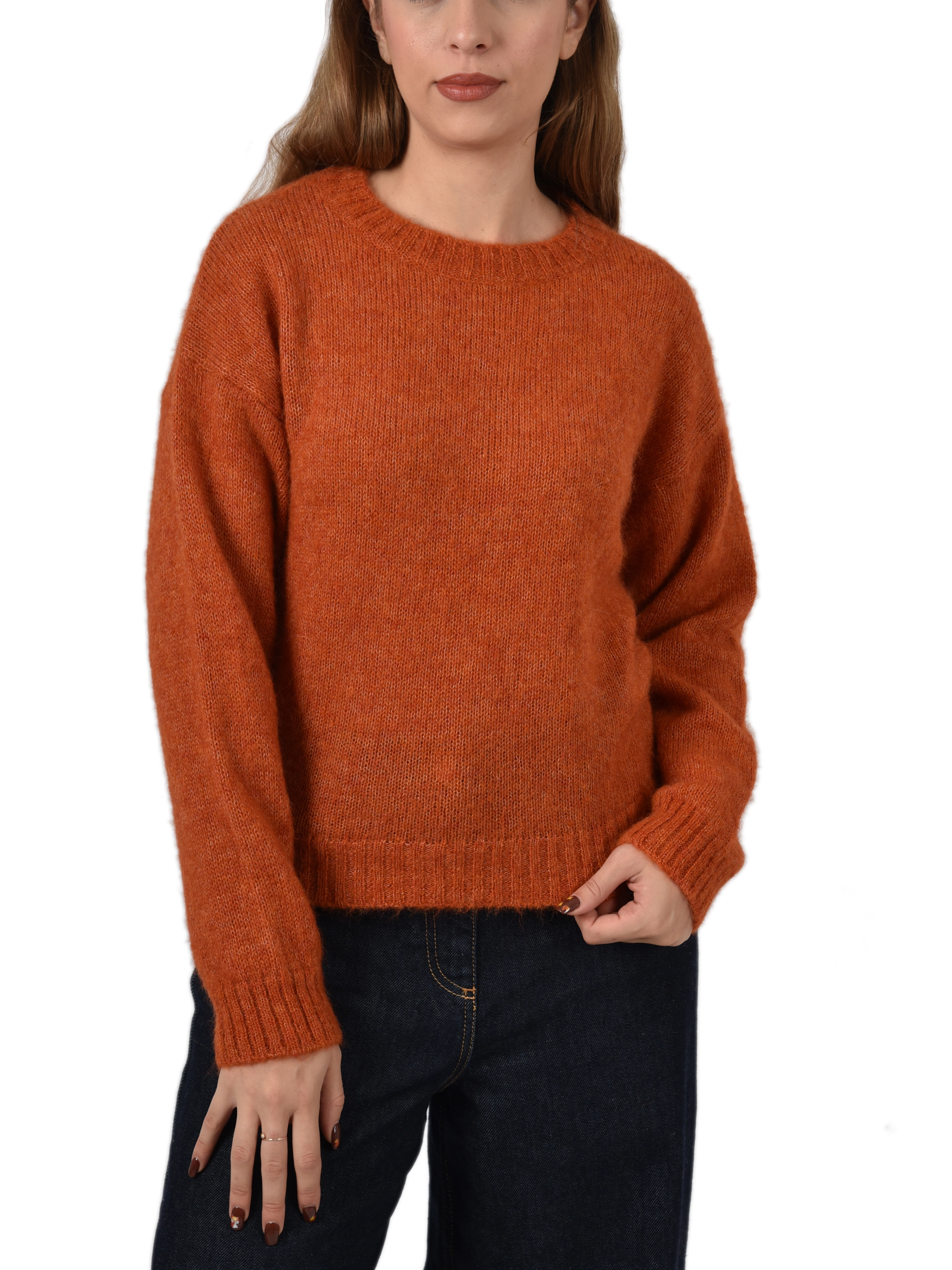 MAGLIA GIROCOLLO IN  MISTO ALPACA CON PROFILI A COSTINE DONNA ARANCIO