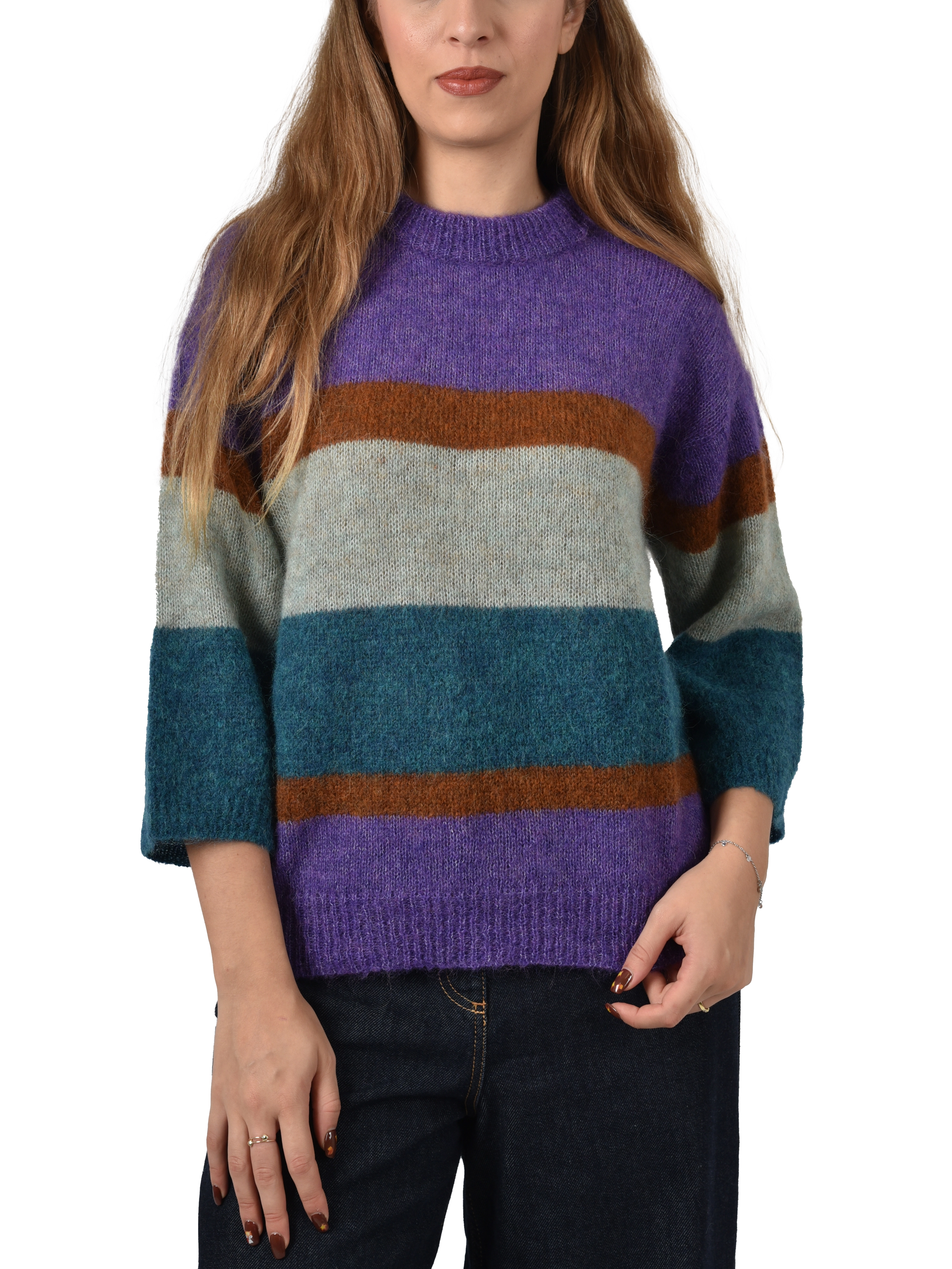 MAGLIA GIROCOLLO IN MISTO ALPACA CON FANTASIA A RIGHE DONNA VIOLA