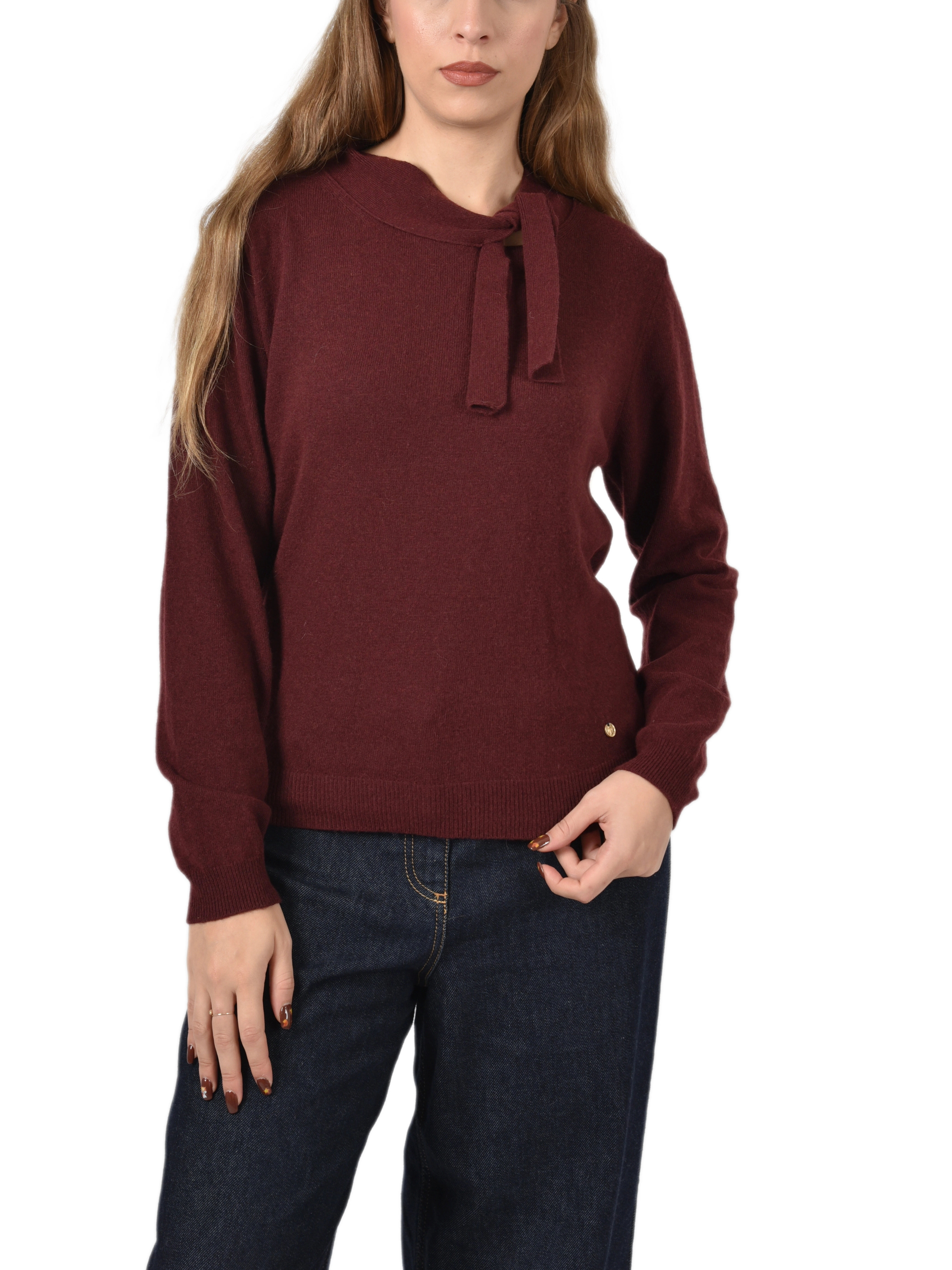 MAGLIERA GIROCOLLO IN MISTO LANA CON FIOCCO DA ANNODARE DONNA BORDEAUX