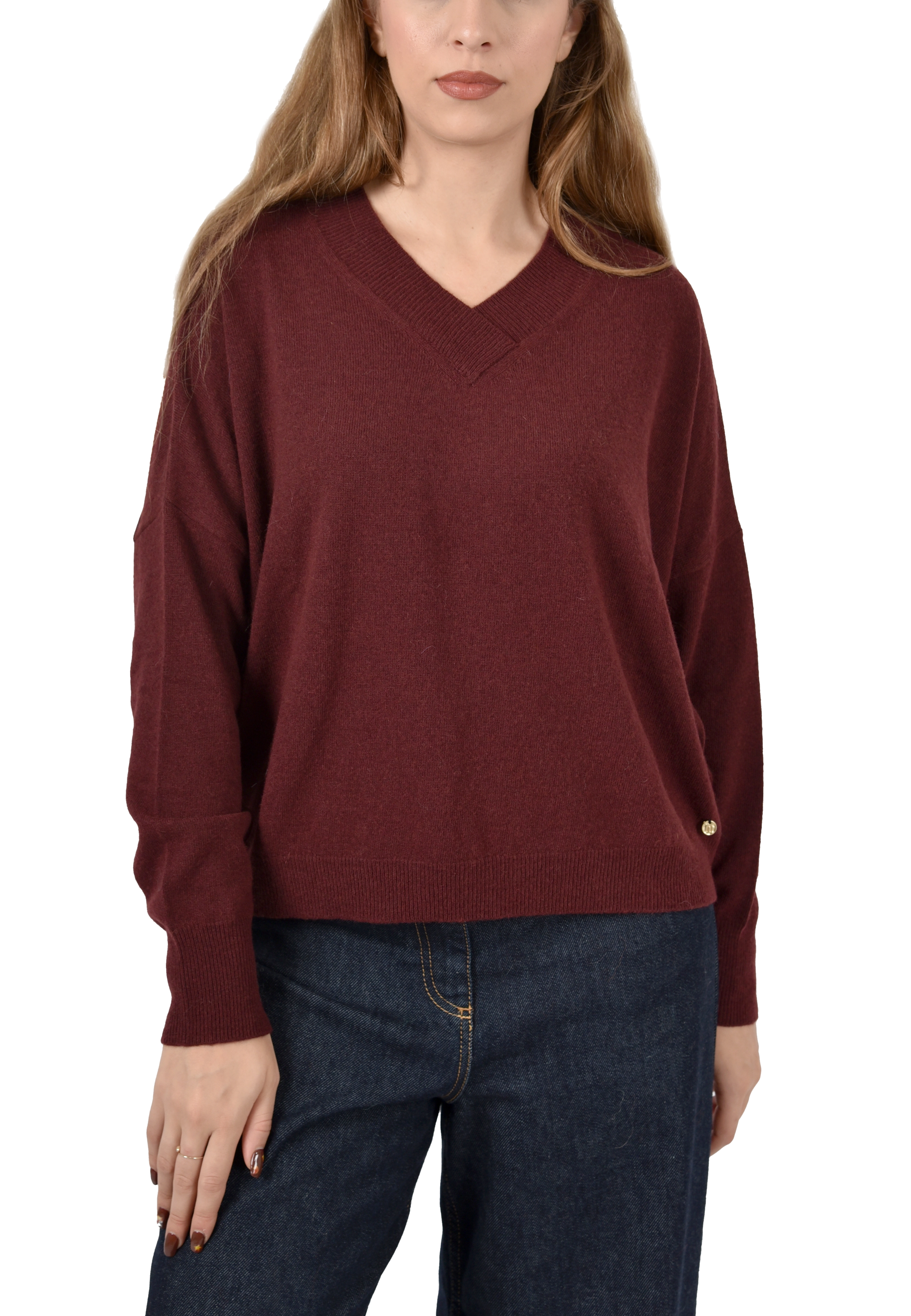 MAGLIA CON SCOLLO A V IN MISTO LANA E CASHEMERE DONNA BORDEAUX