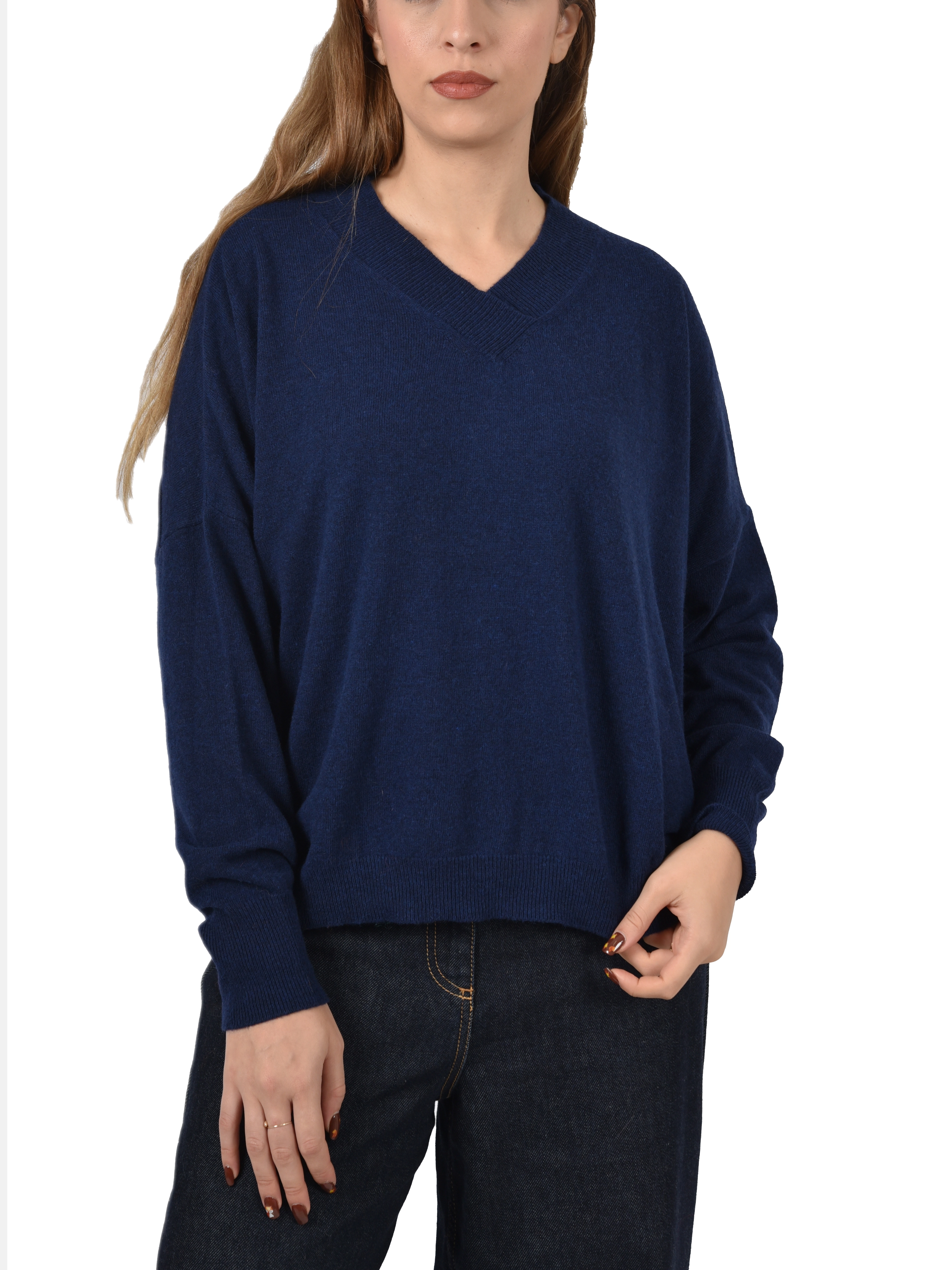 MAGLIA CON SCOLLO A V IN MISTO LANA E CASHEMERE DONNA BLU