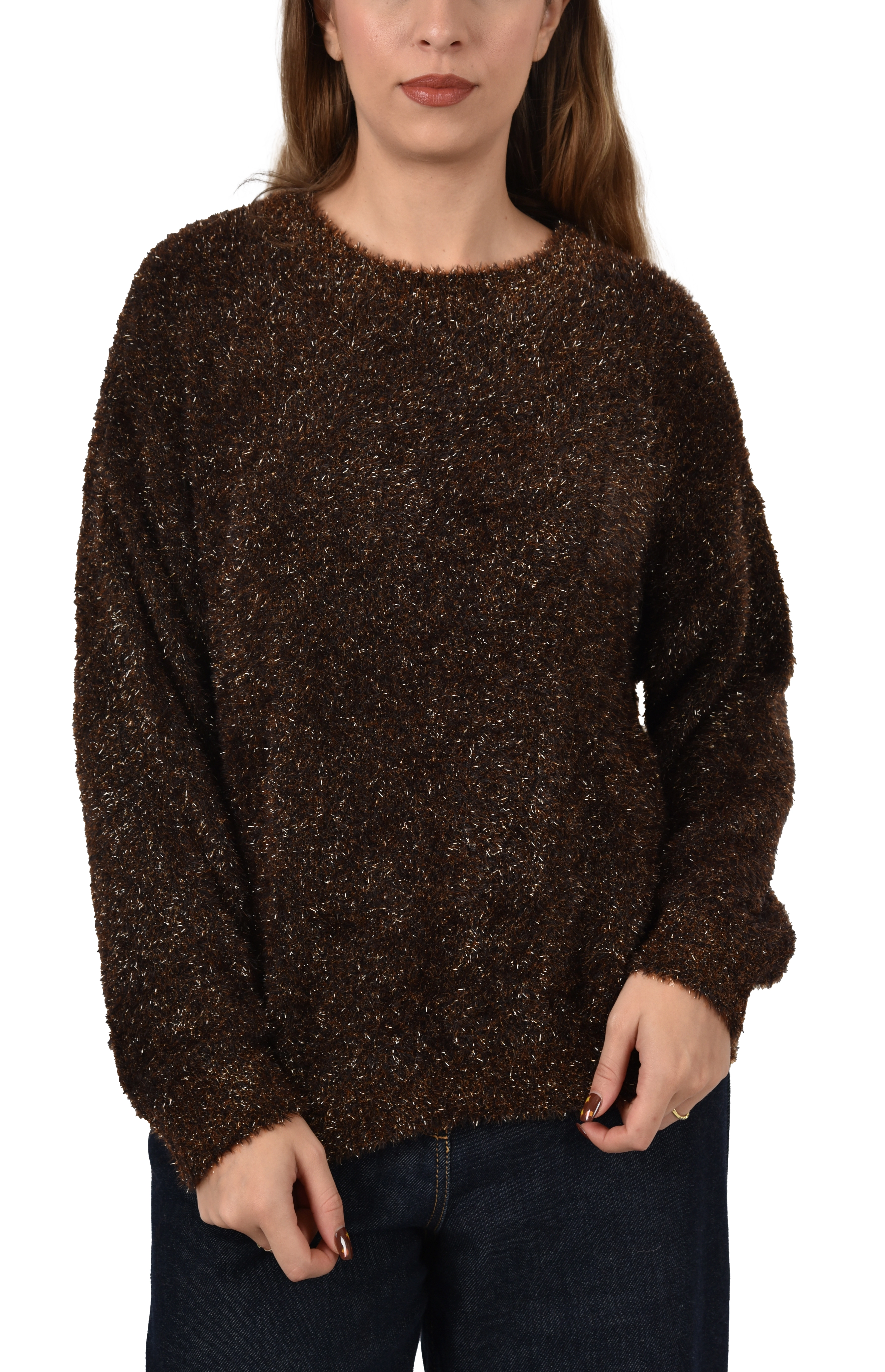 MAGLIA GIROCOLLO CON FILATO IN LUREX DONNA MARRONE