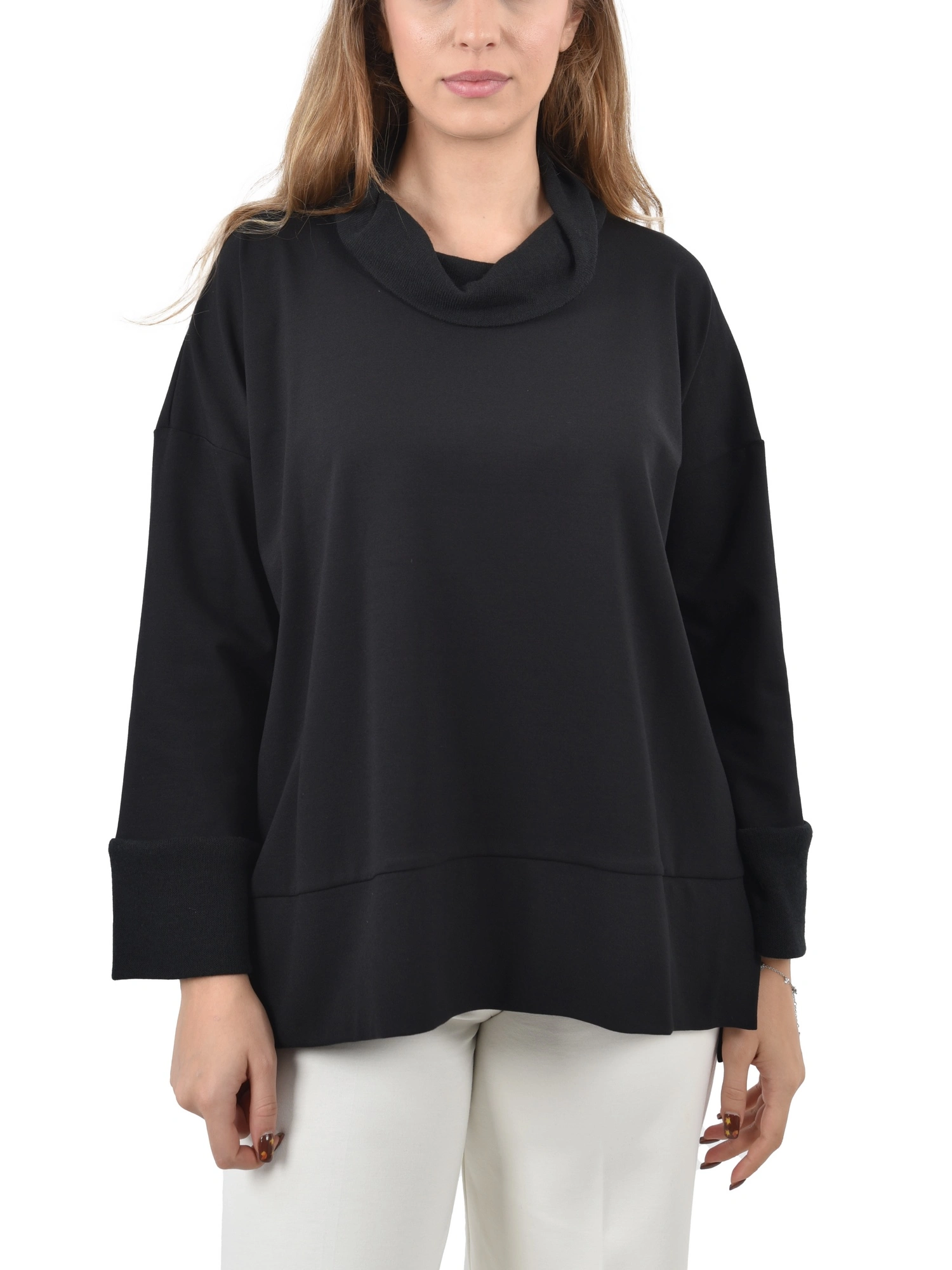 MAGLIA DOLCEVITA CON BORDI RISVOLTATI DONNA NERO