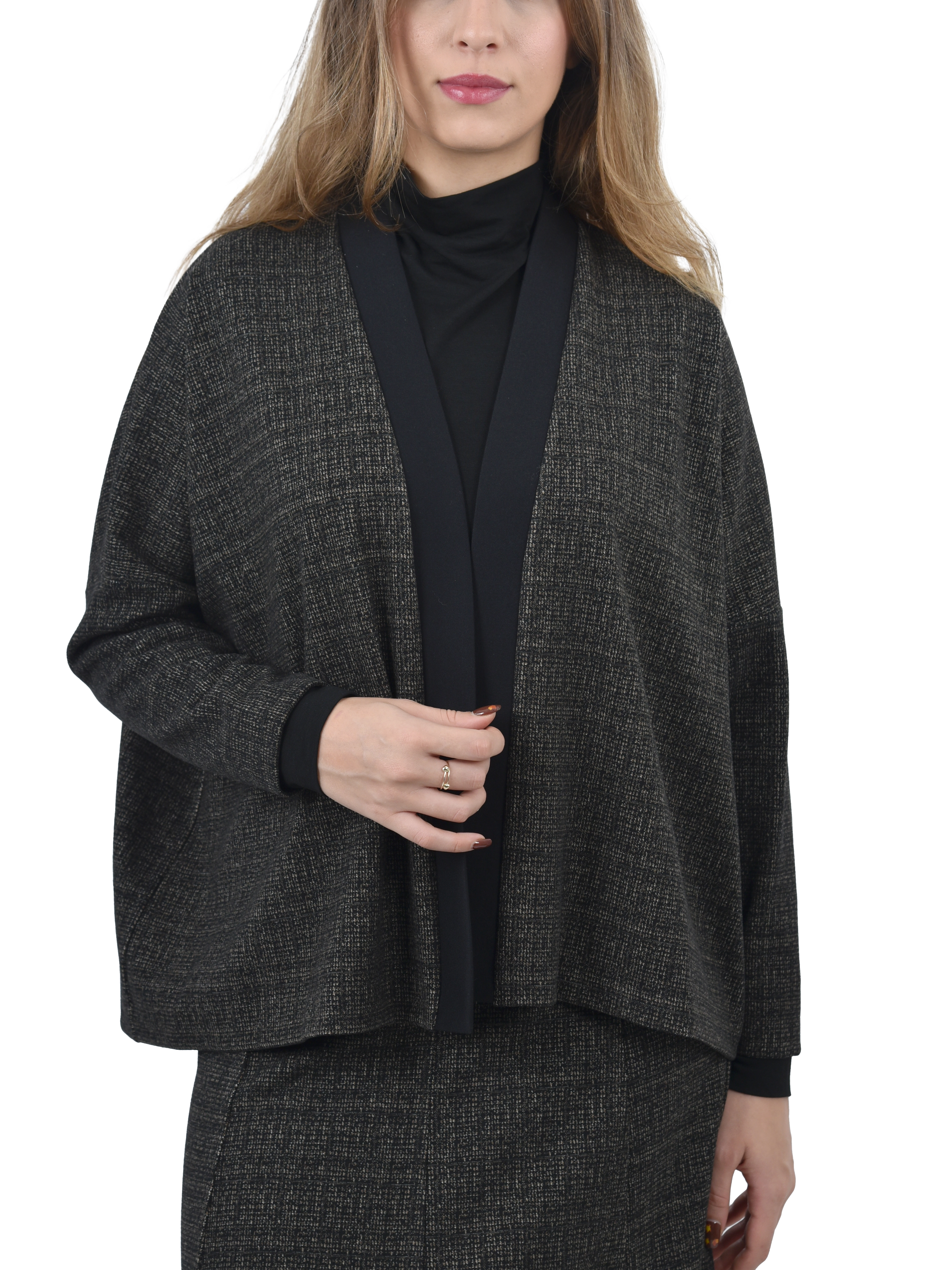 GIACCA CORTA IN FANTASIA TARTAN CON BORDO LISCIO DONNA ANTRACITE