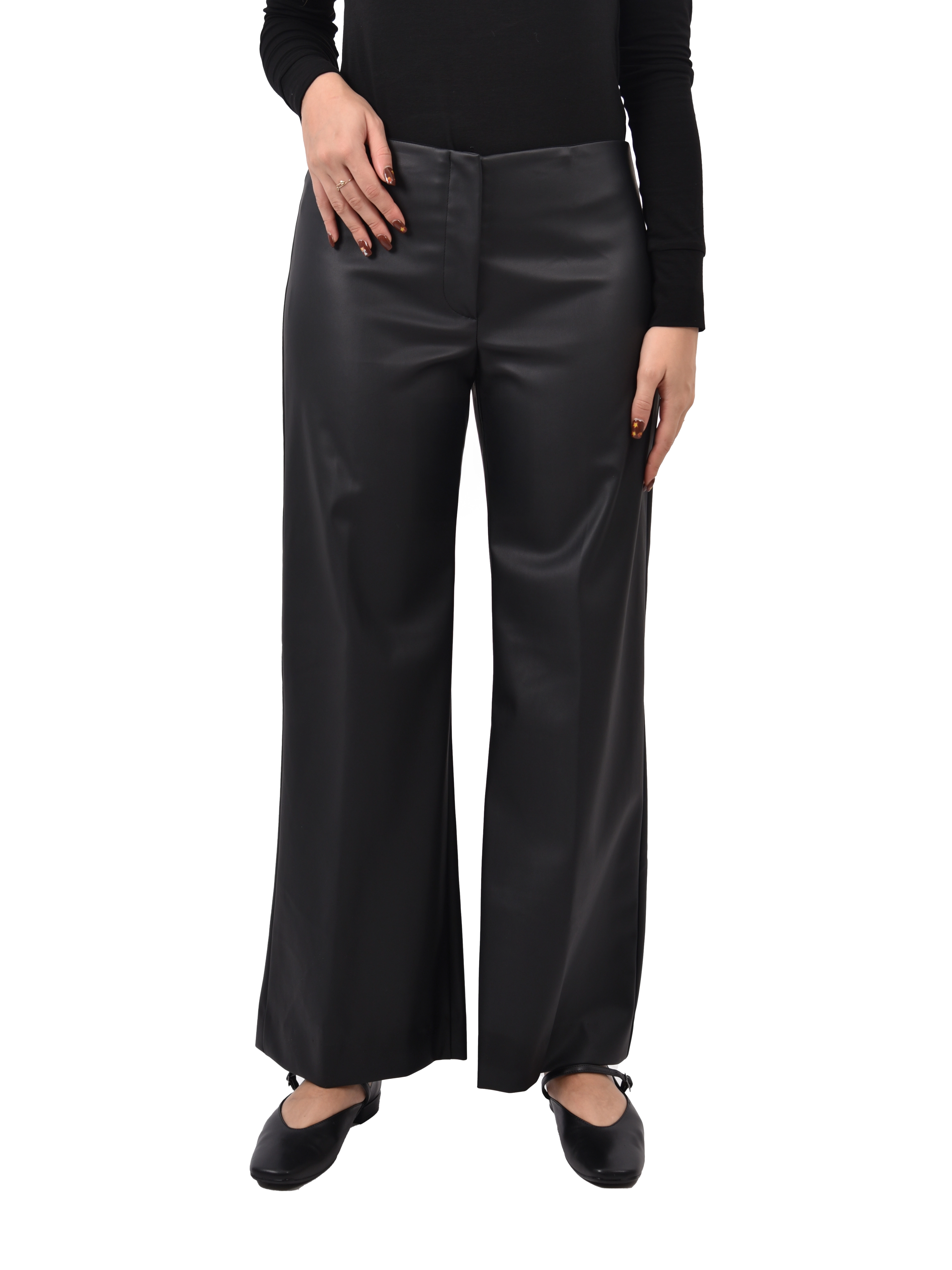 PANTALONI PALAZZO IN ECOPELLE CON CHIUSURA A ZIP DONNA NERO