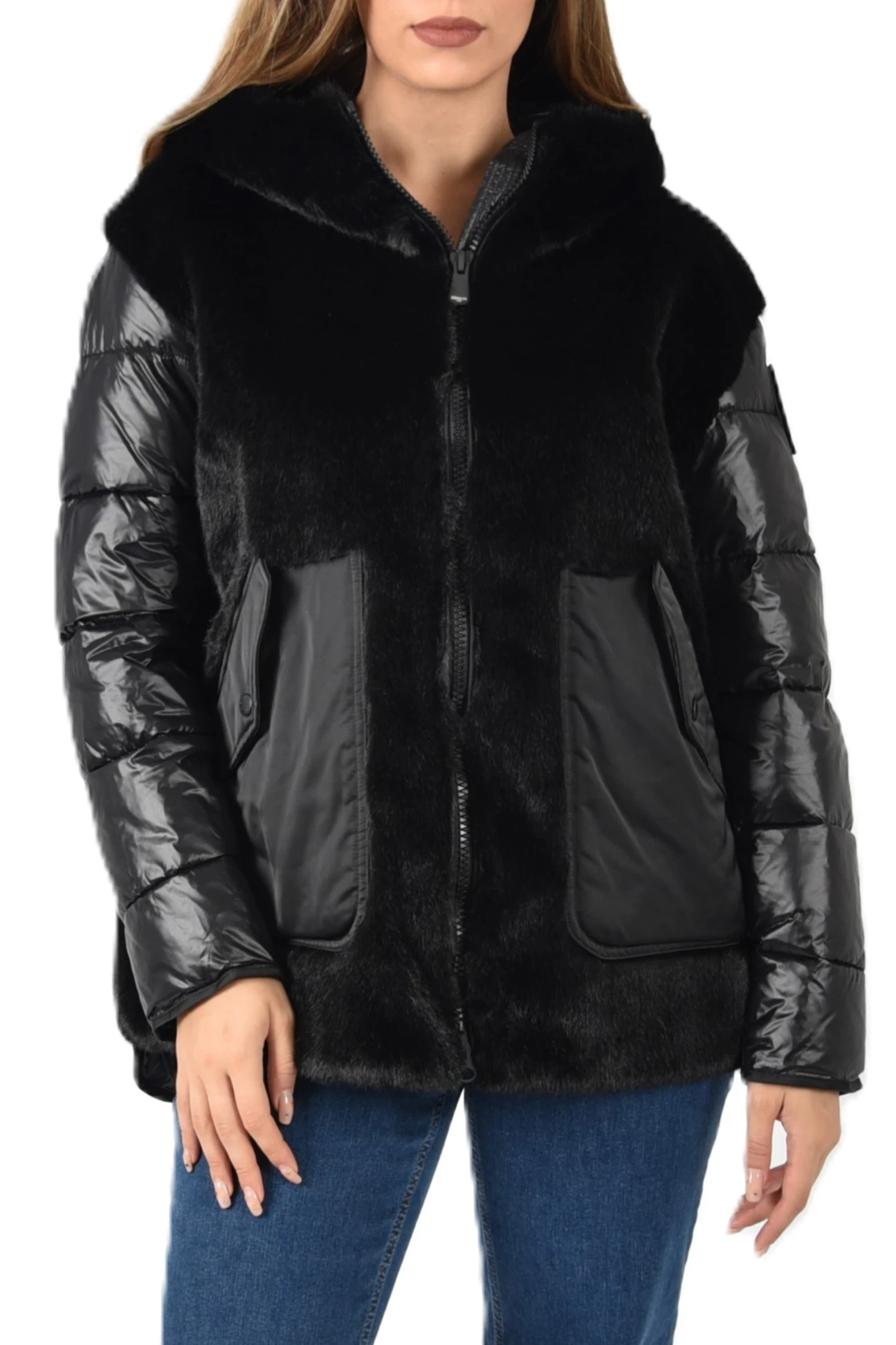 PIUMINO CON INSERTO IN ECOPELLICCIA DONNA NERO