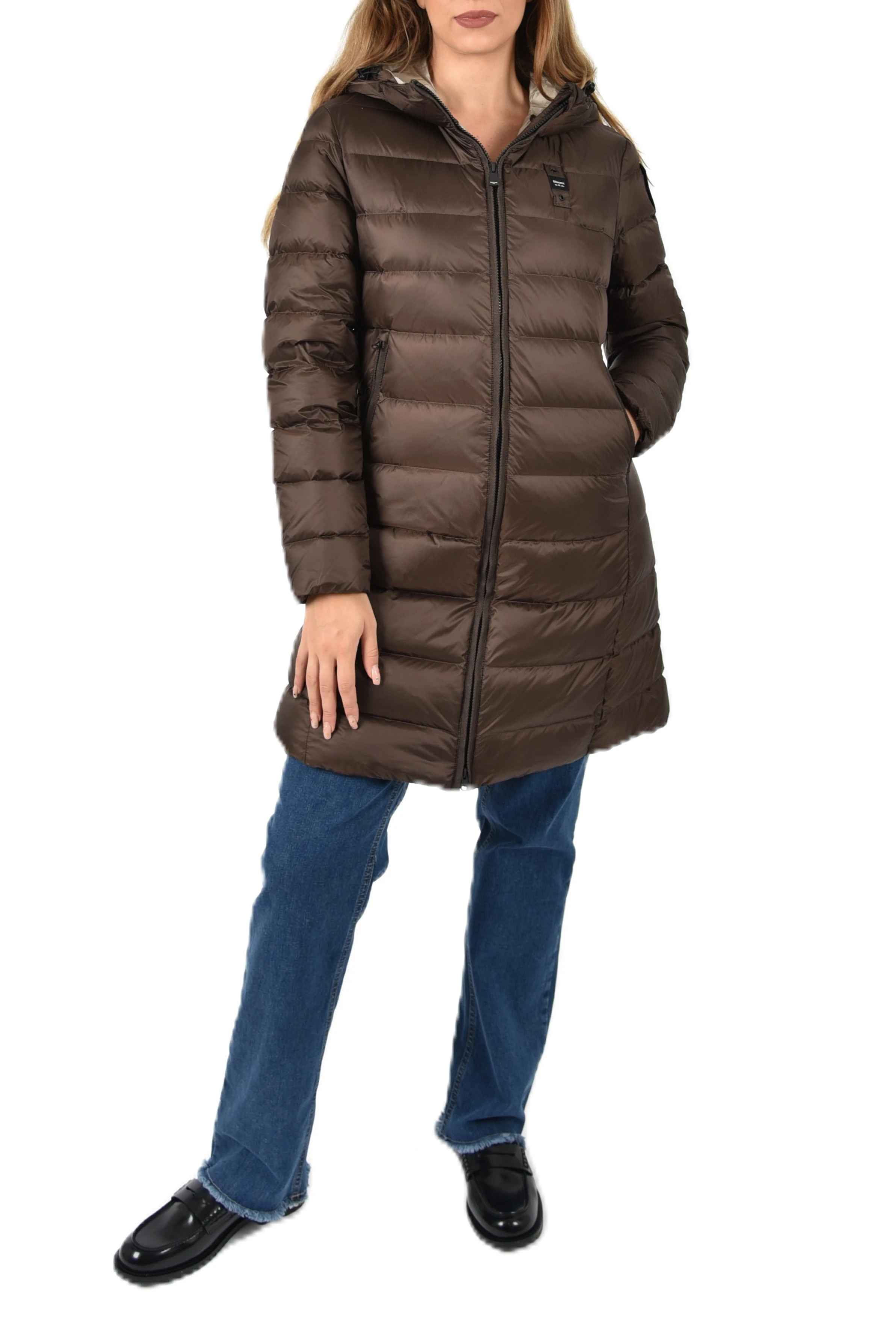 PIUMINO A RIGHE CON CAPPUCCIO DONNA MARRONE