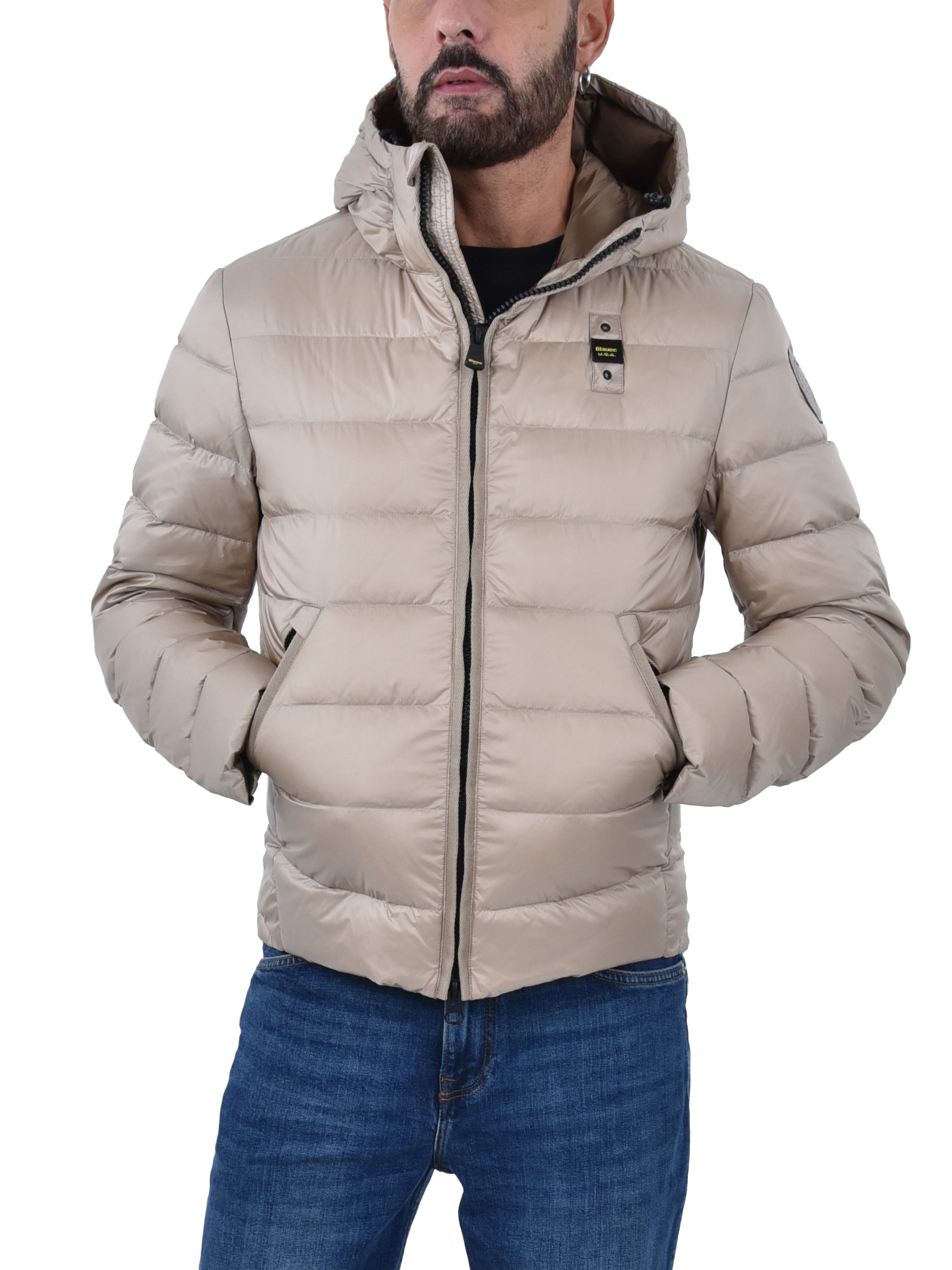 PIUMINO CORTO TRAPUNTATO A RIGHE ORIZZONTALI UOMO BEIGE